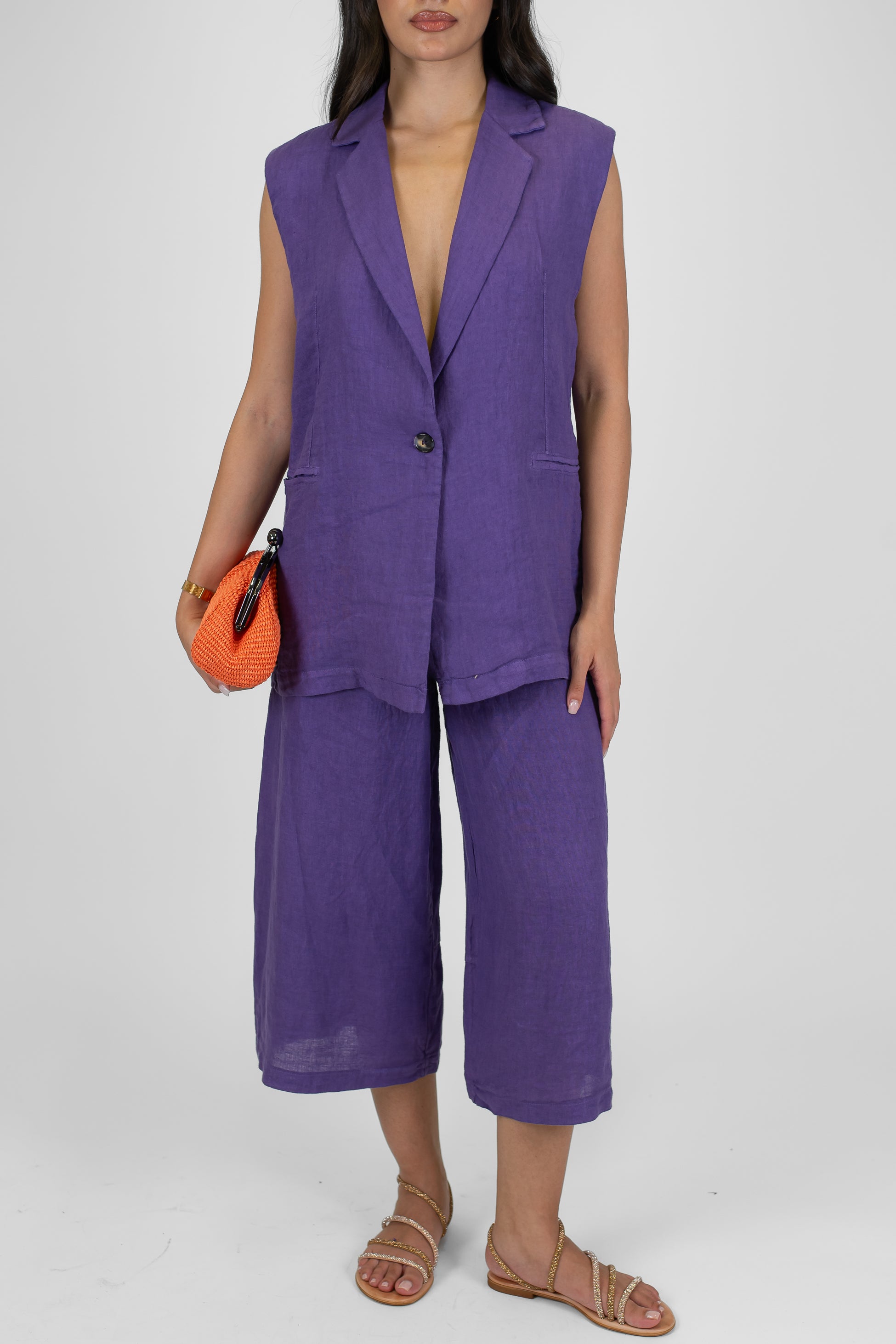 Haveone - Pantalone crop a gamba ampia in puro lino con elastico sul retro