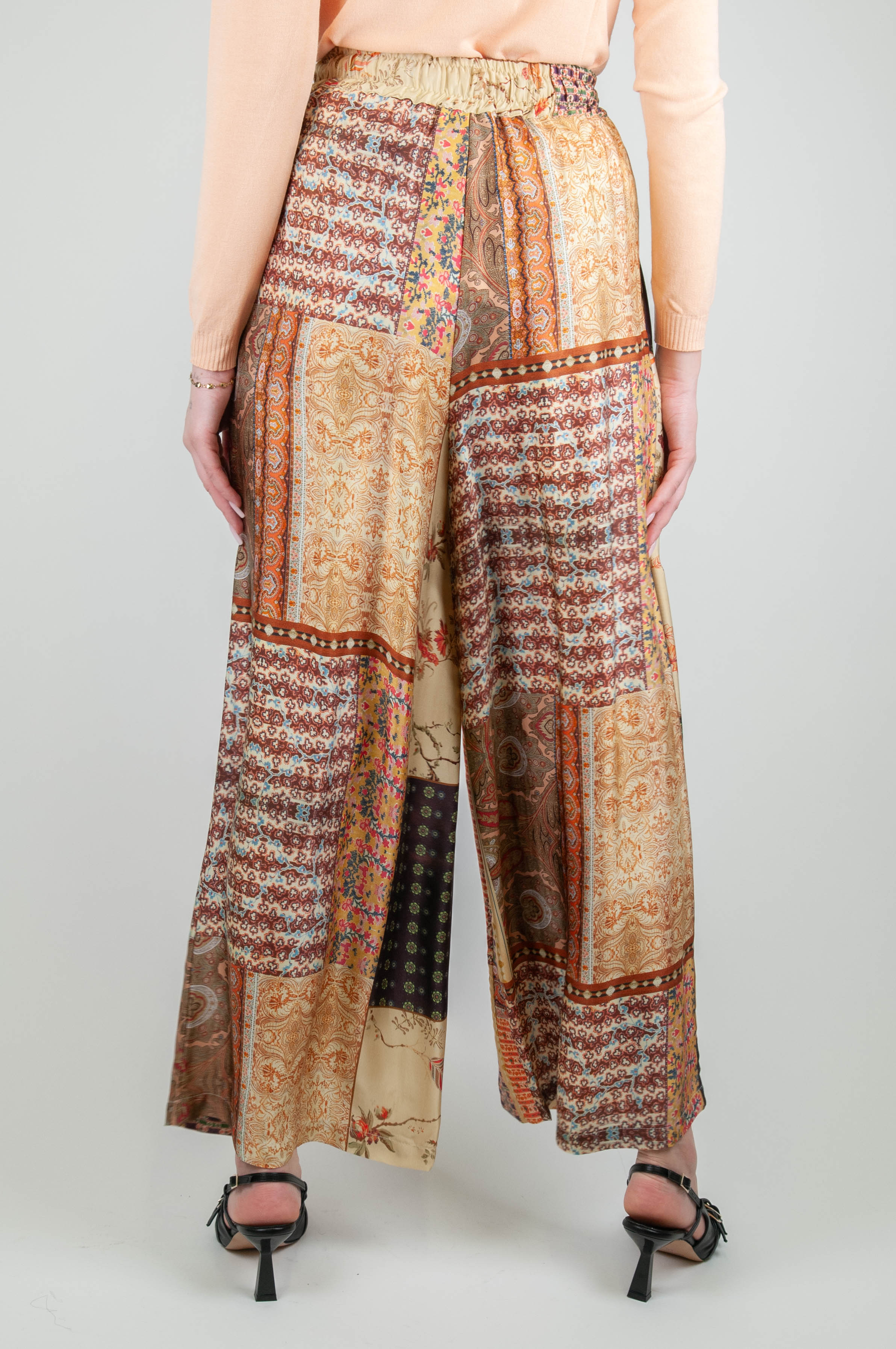 Souvenir - Palazzo trousers in viscose with elasticated waist and multicolored patterned drawstring