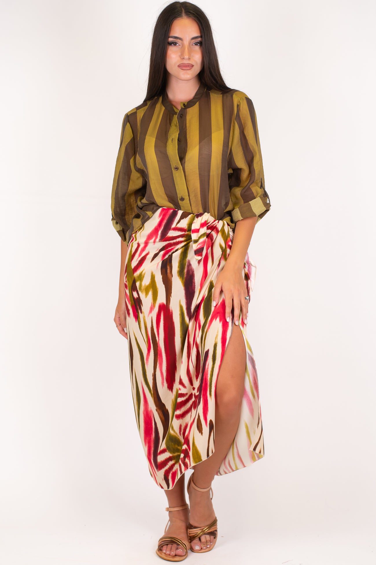 Haveone - Camicia fantasia a righe a contrasto in lyocell con manica tre quarti