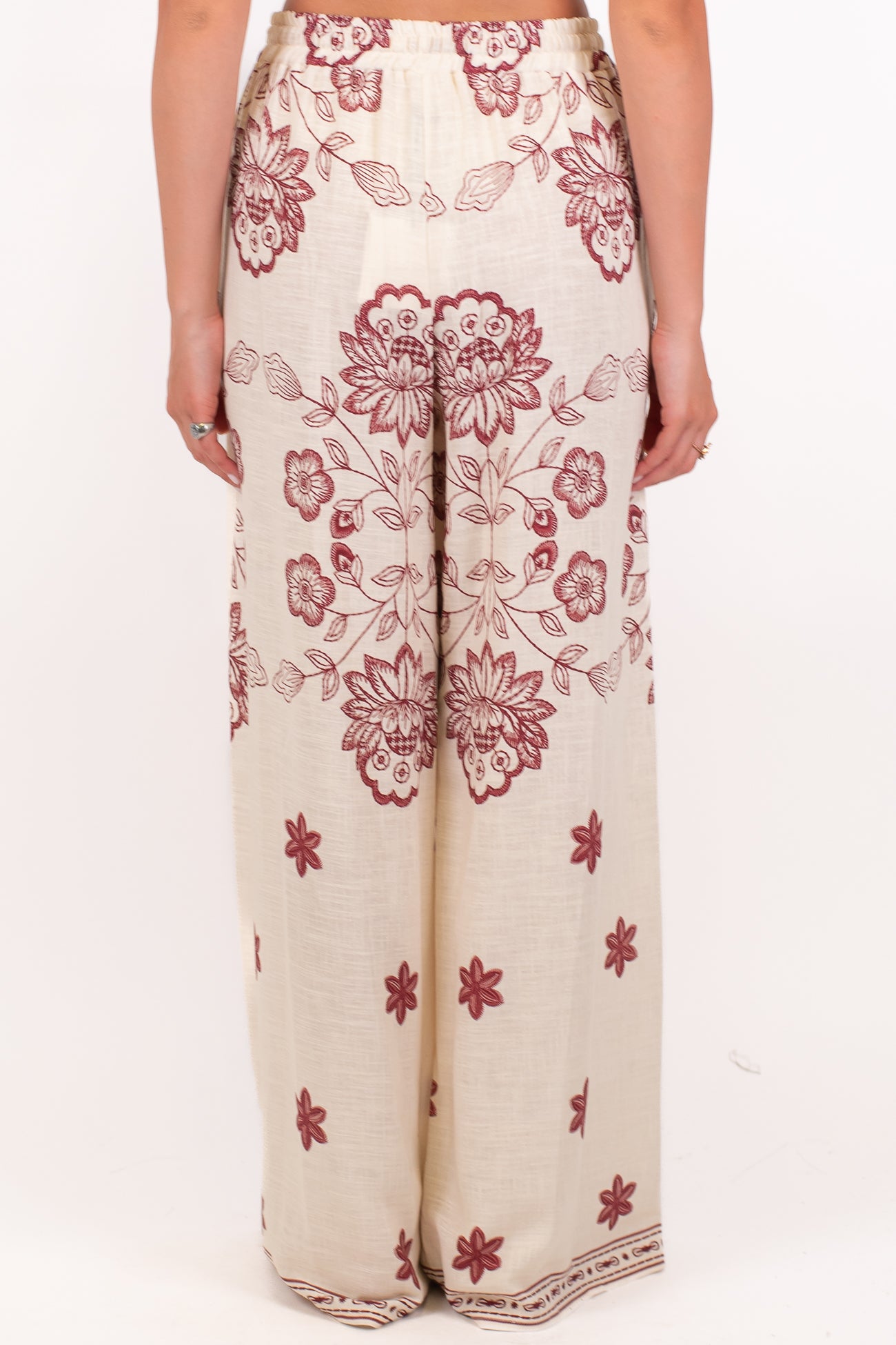 Tensione in - Pantalone palazzo fantasia floreale in misto viscosa e lino con coulisse