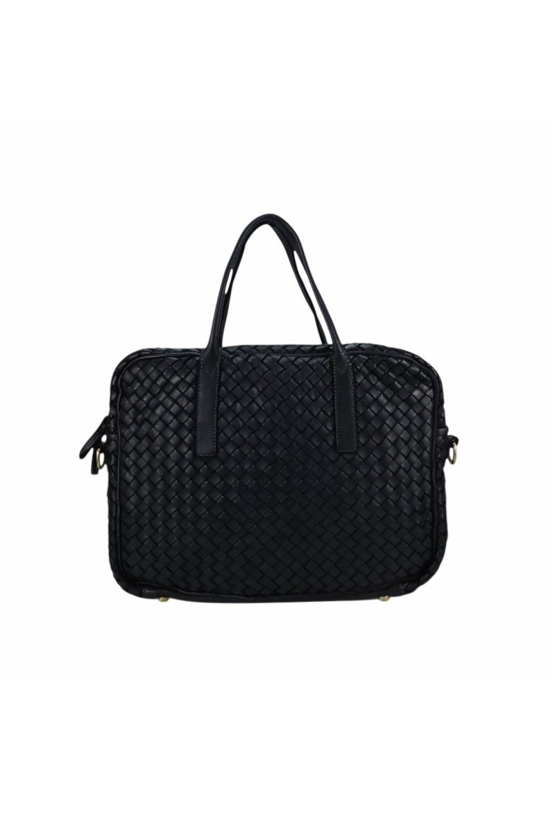 Borsa media rettangolare in pelle intrecciata con manico corto e traccolla