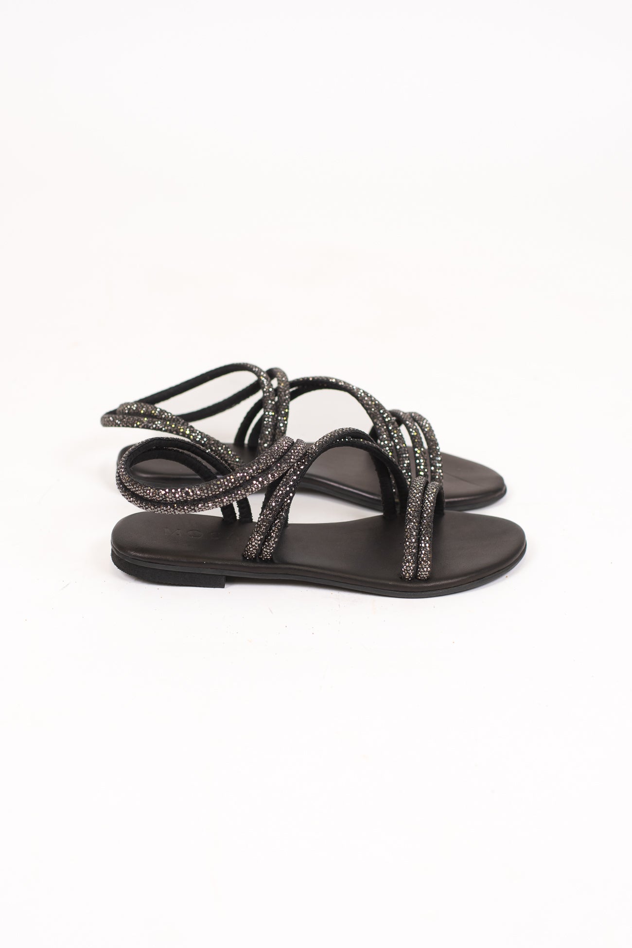 Mosaic - Sandalo doppia fascia con strass e sottopiede in pelle nero
