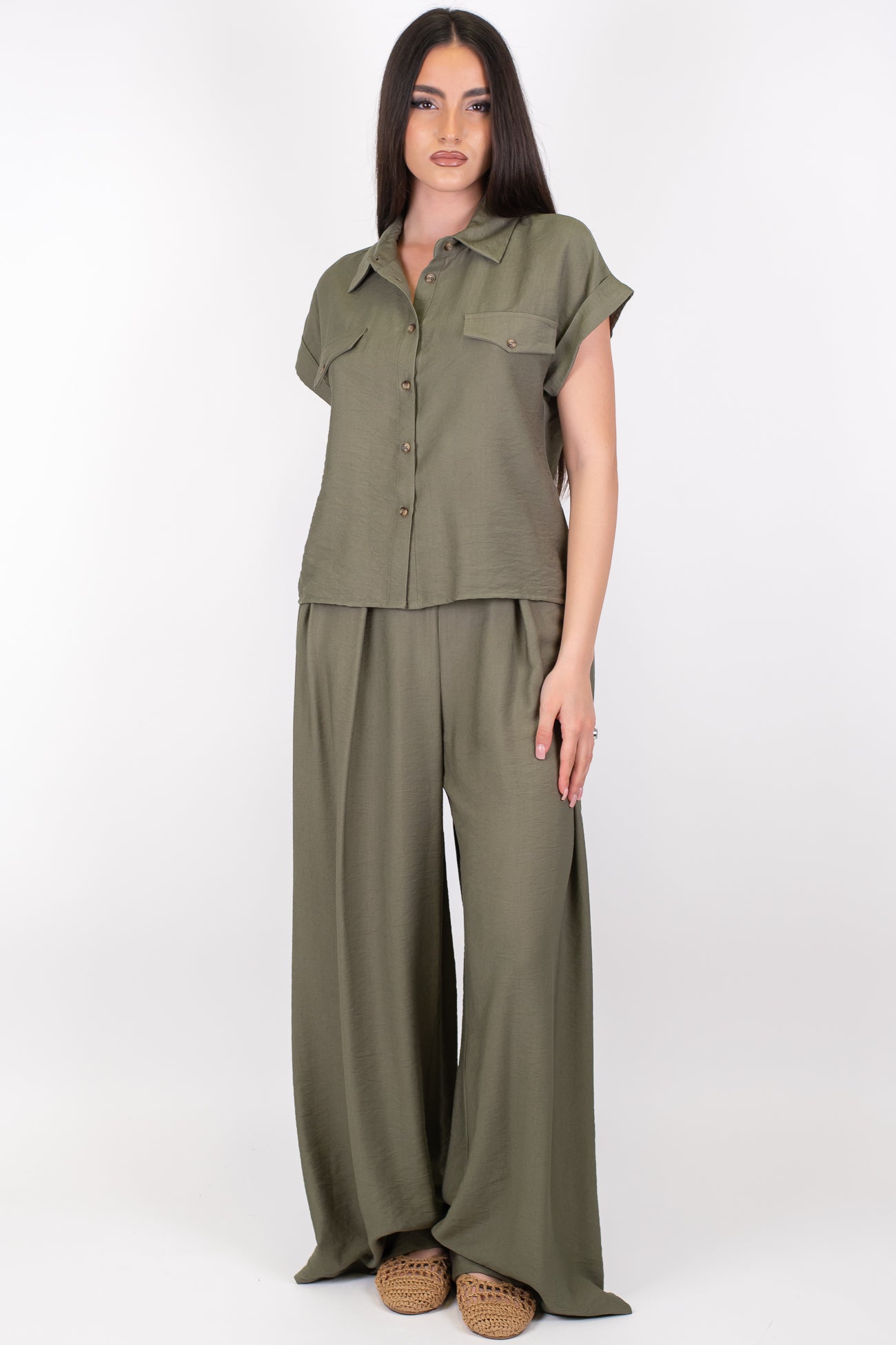Dixie - Coordinato camicia mezzamanica e pantalone palazzo con elastico sul retro in viscosa leggera