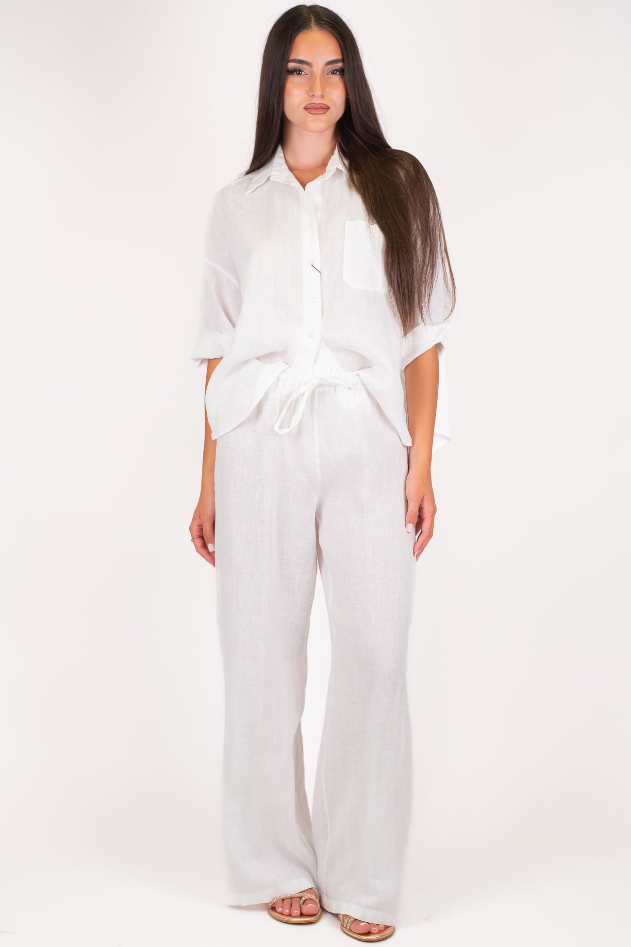 Dixie - Coordinato in puro lino camicia con taschino e pantalone palazzo con coulisse