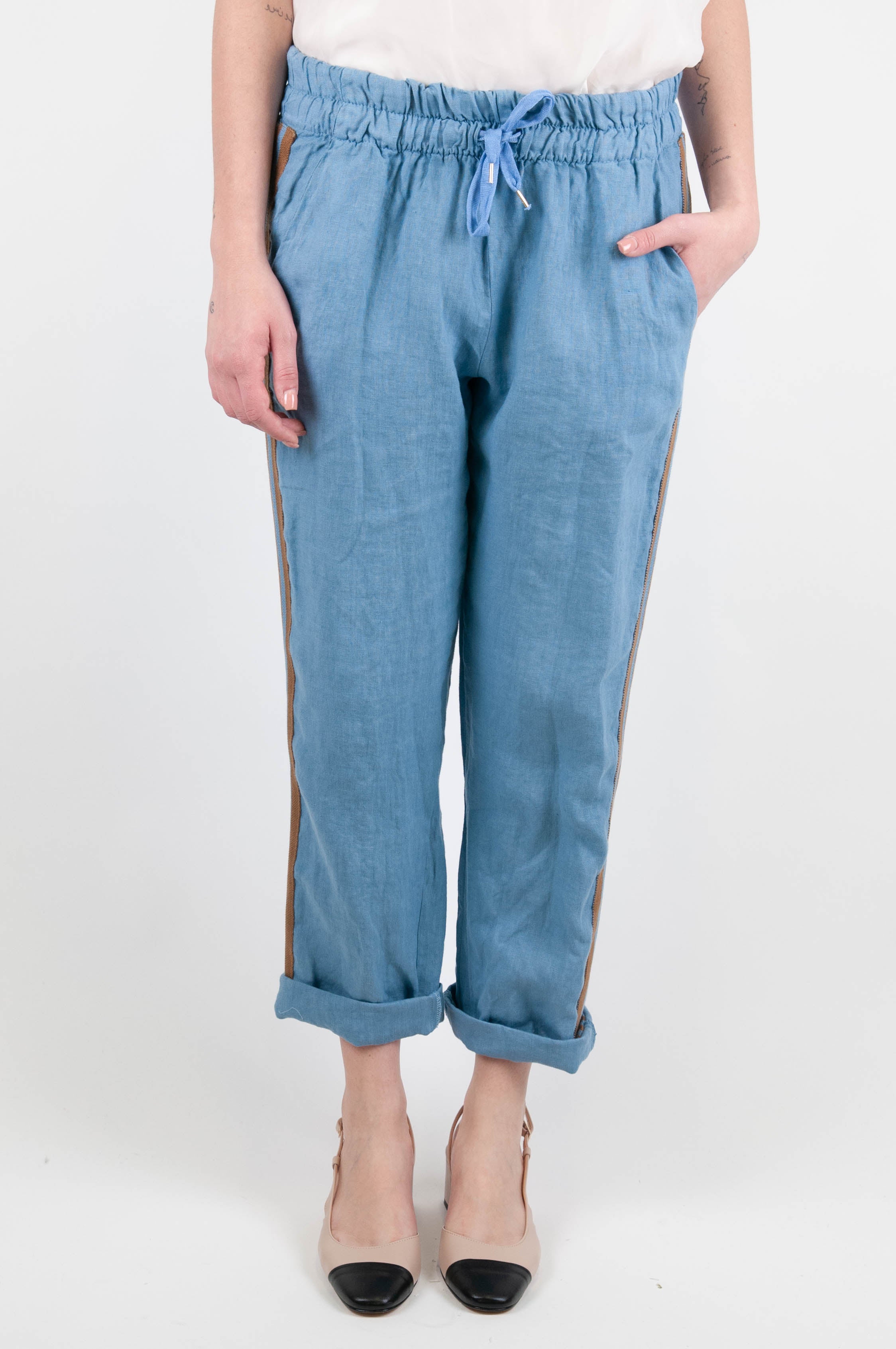 Motel - Linen trousers with drawstring and contrasting side band