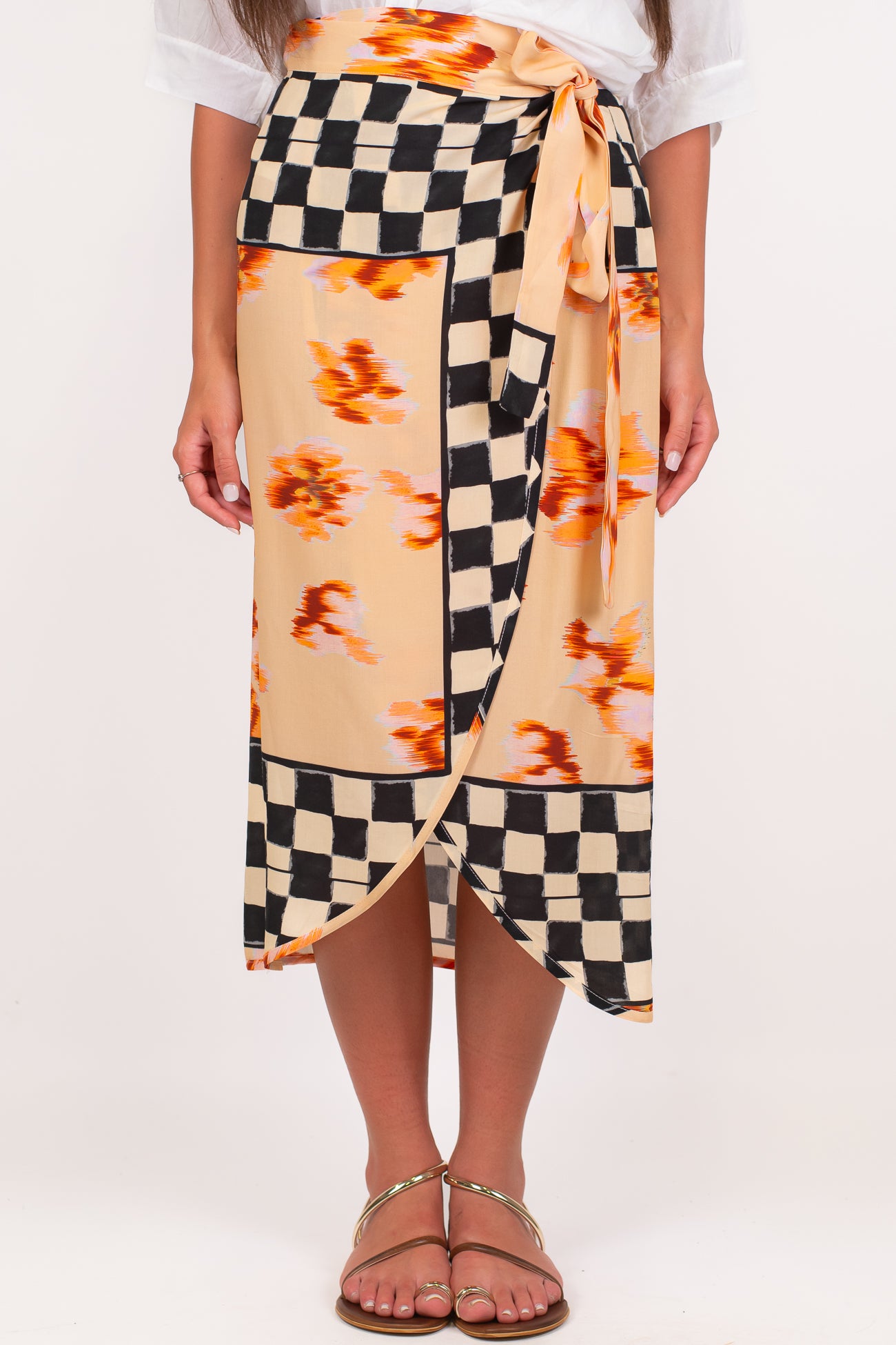 Dixie - Gonna pareo fantasia floreale astratta con profili check a contrasto