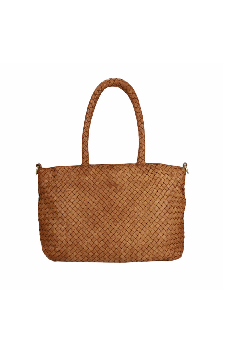 Borsa media in pelle intrecciata con manici e traccolla