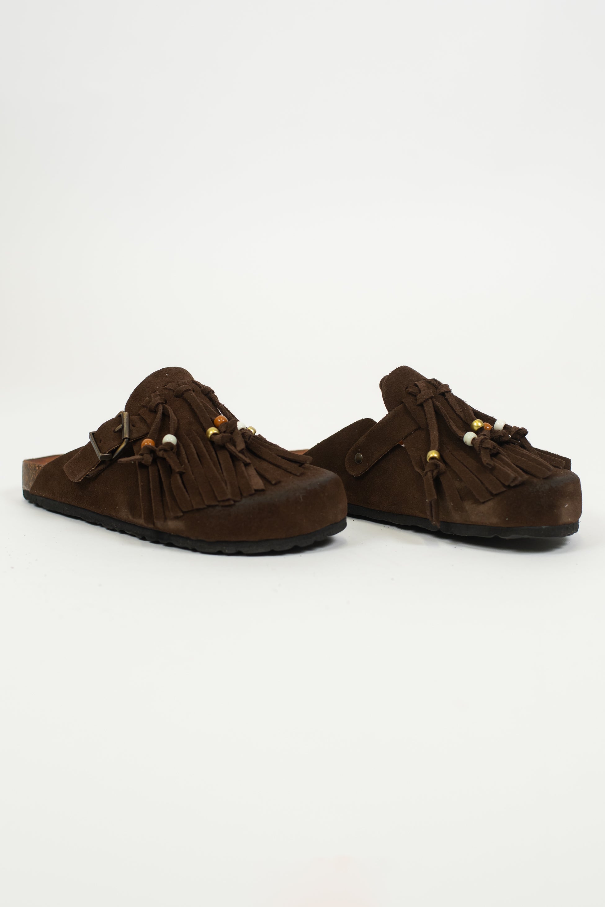 Ovyé - Mules in camoscio con frange e perline