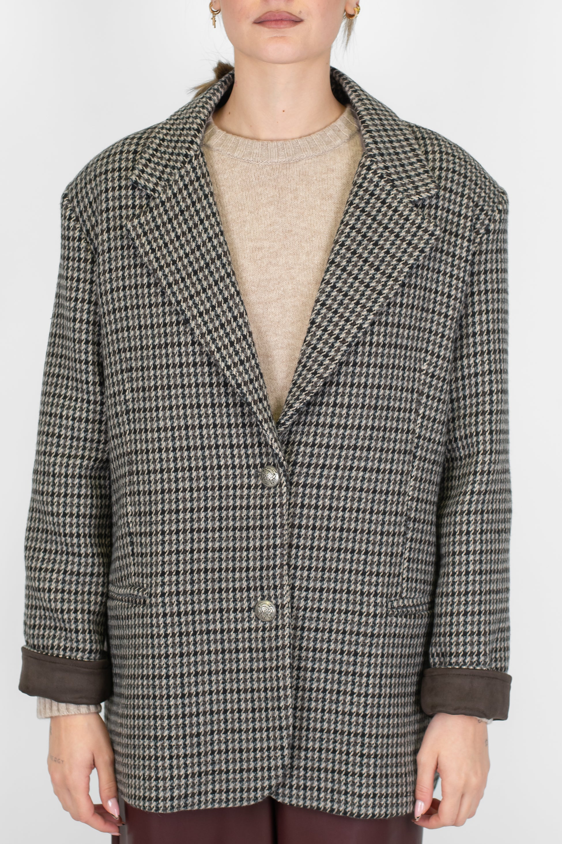 Tensione in - Giacca fantasia pied de puole in misto lana con spalline ed inserti in camoscio