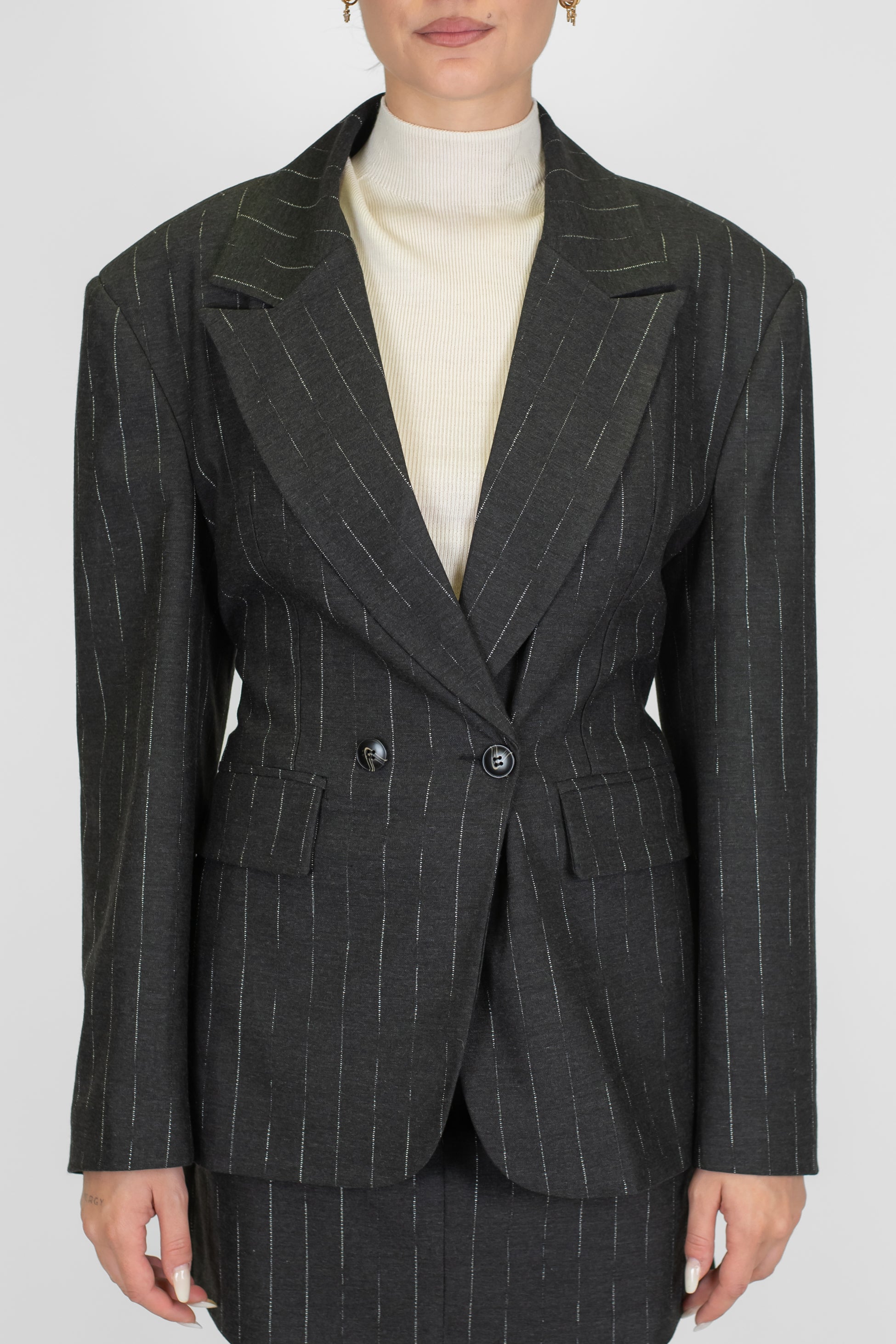 Motel - Giacca doppiopetto avvitata gessata con cintura sul retro