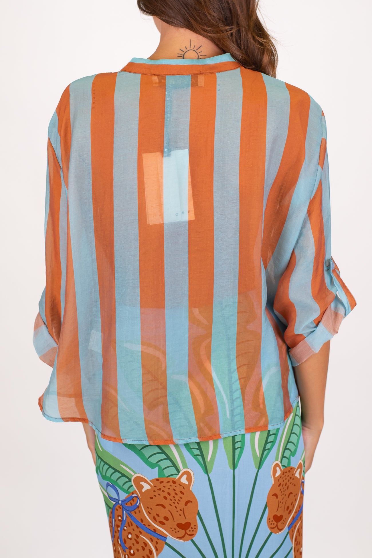 Haveone - Camicia fantasia a righe a contrasto in lyocell con manica tre quarti