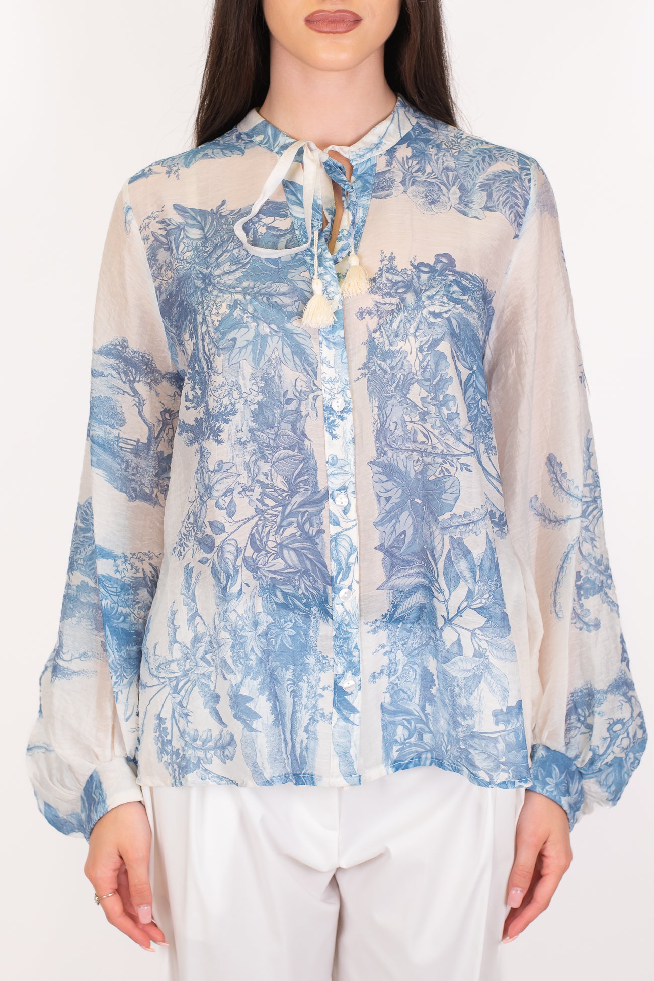 Tensione in - Camicia fantasia naturale in lyocell con collo coreano e laccetti