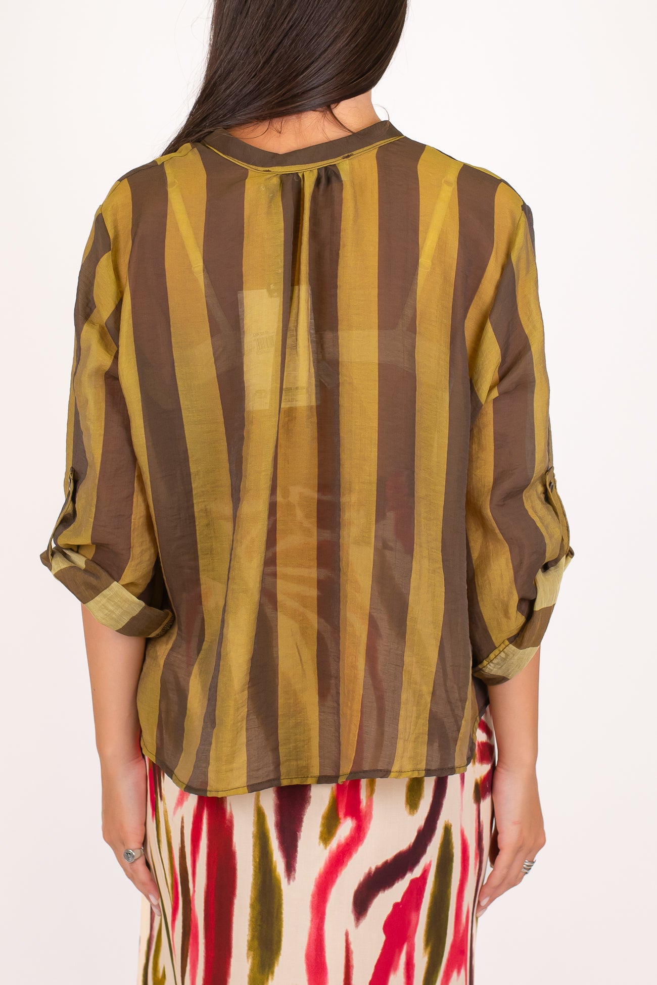 Haveone - Camicia fantasia a righe a contrasto in lyocell con manica tre quarti