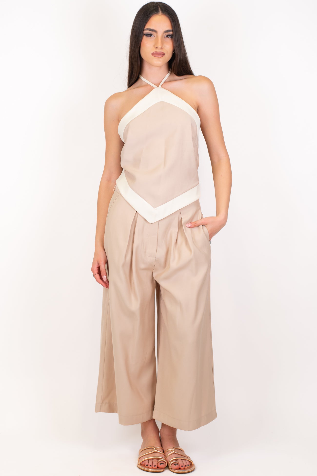 Haveone - Coordinato in viscosa con top scollo americano profilo a contrasto e pantalone crop con pinces