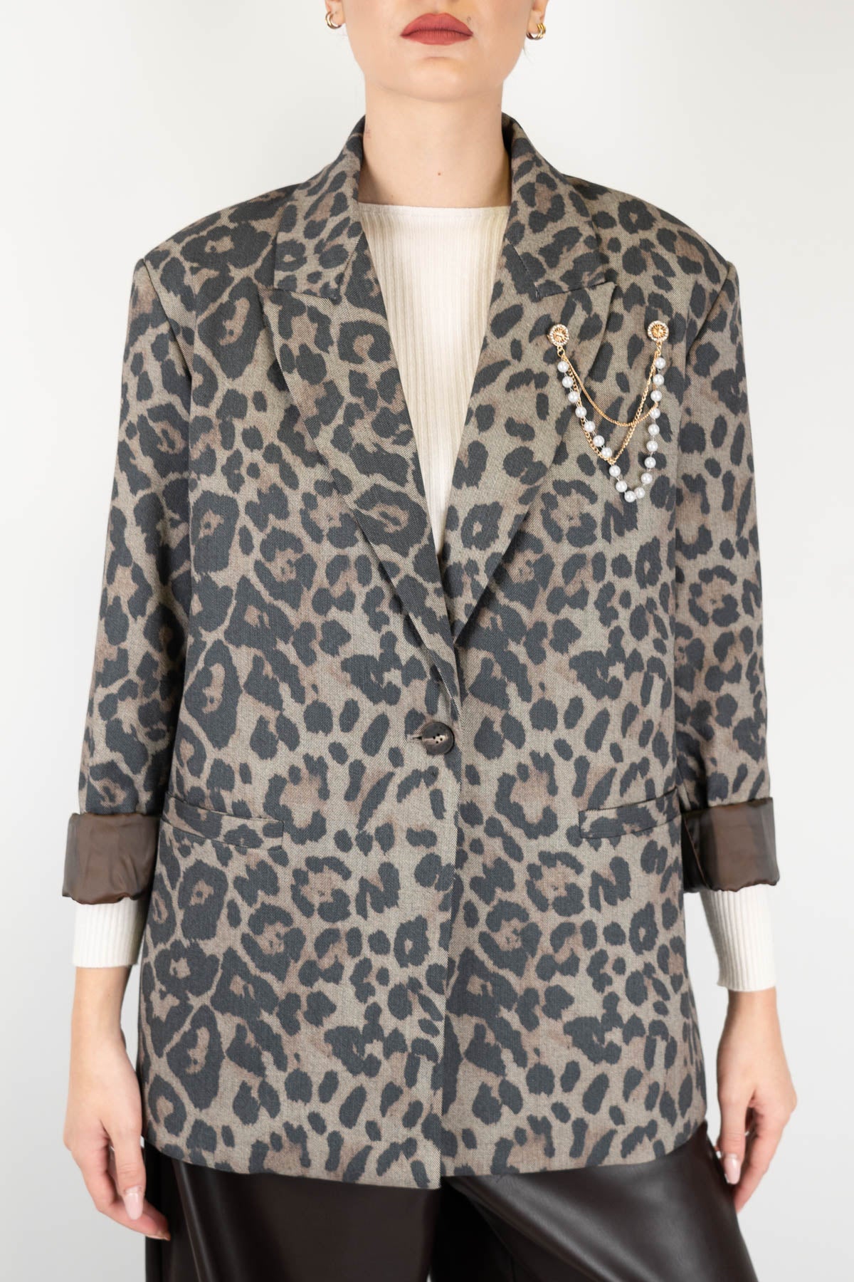 Haveone - Giacca monoetto fantasia animalier con spilla gioiello