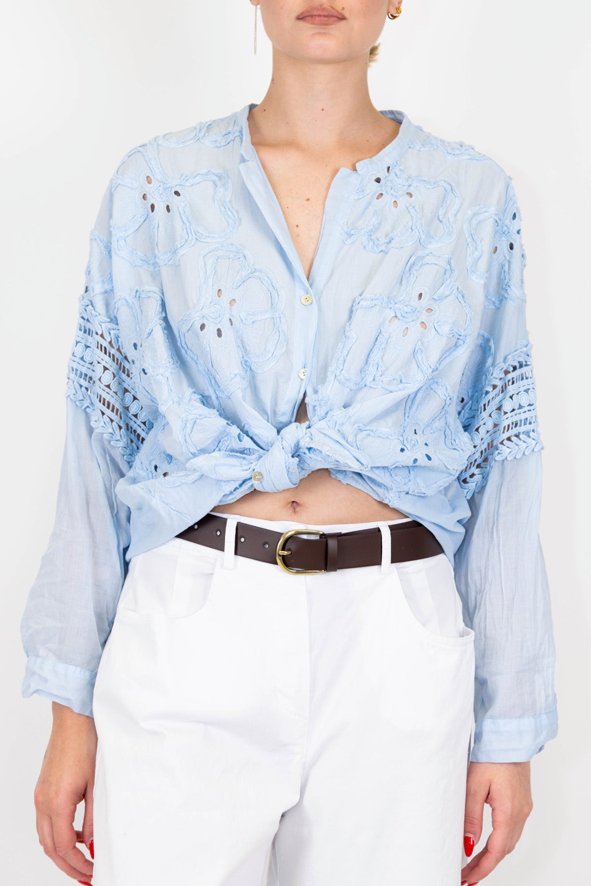 Motel - Camicia in mussola di cotone con ricami in crochet e collo coreano