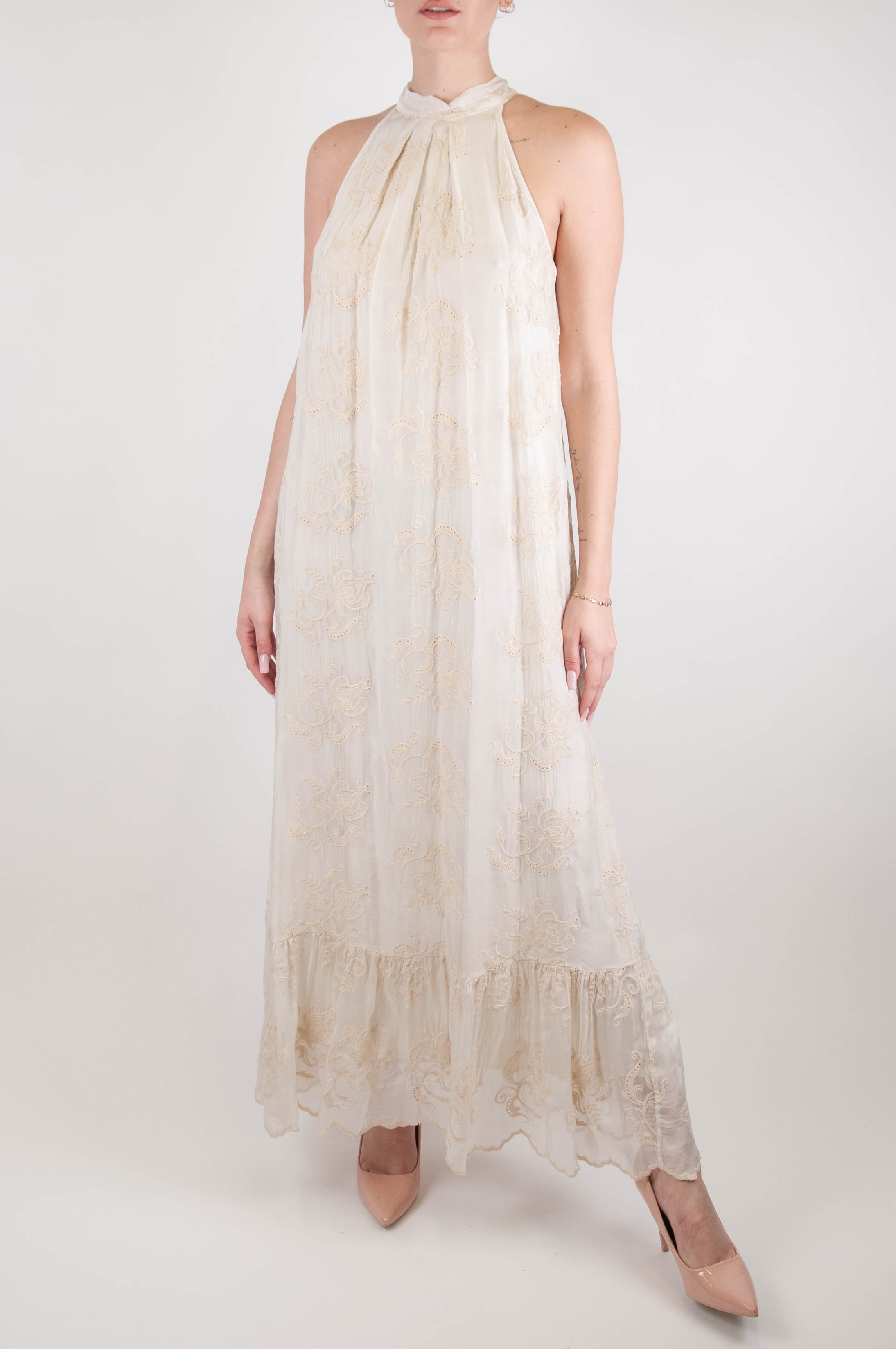 Haveone - Long dress in embroidered silk blend with flounce at the bottom