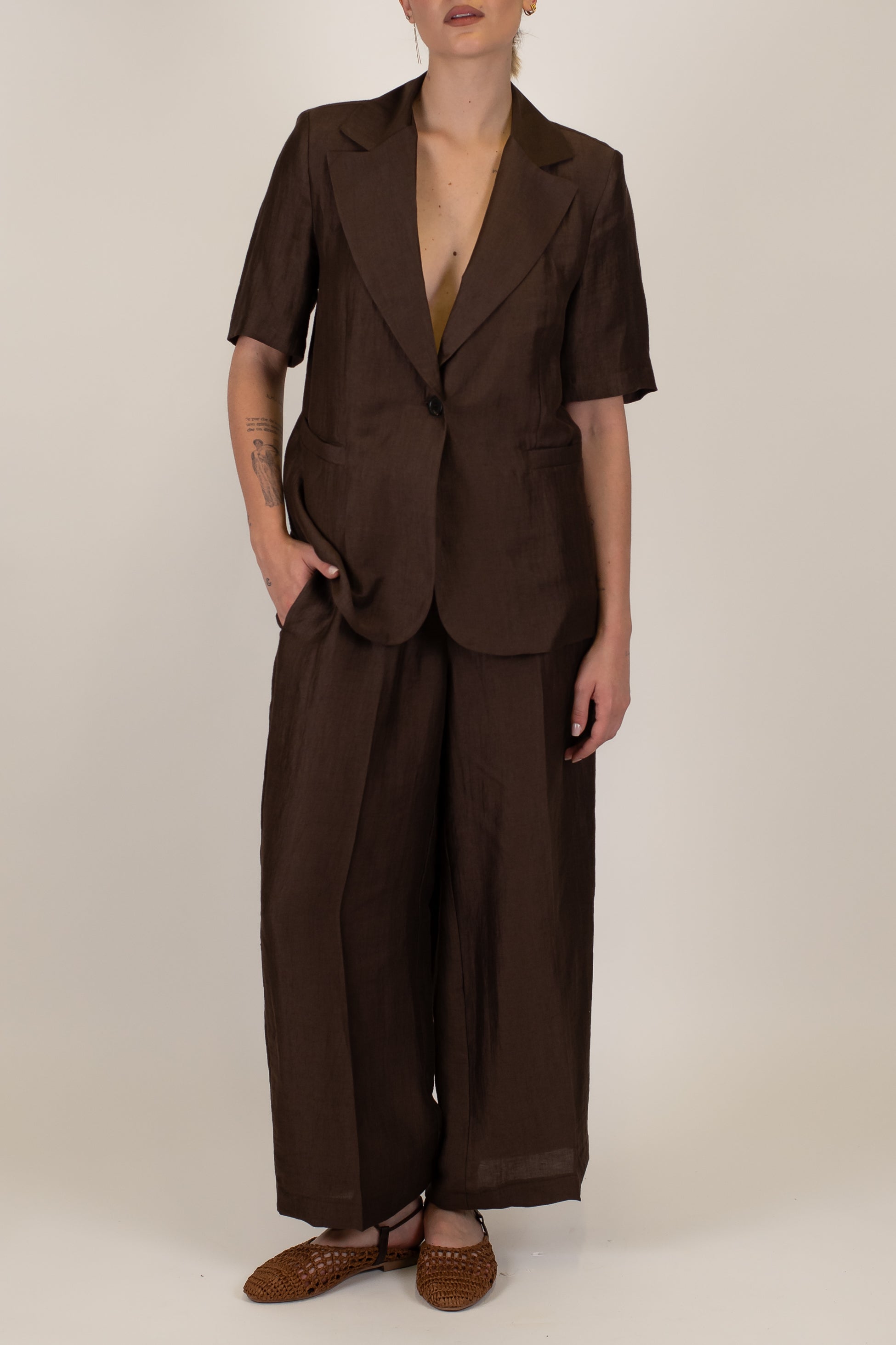 Maryley - Pantalone regular in lino con ricami ed elastico in vita