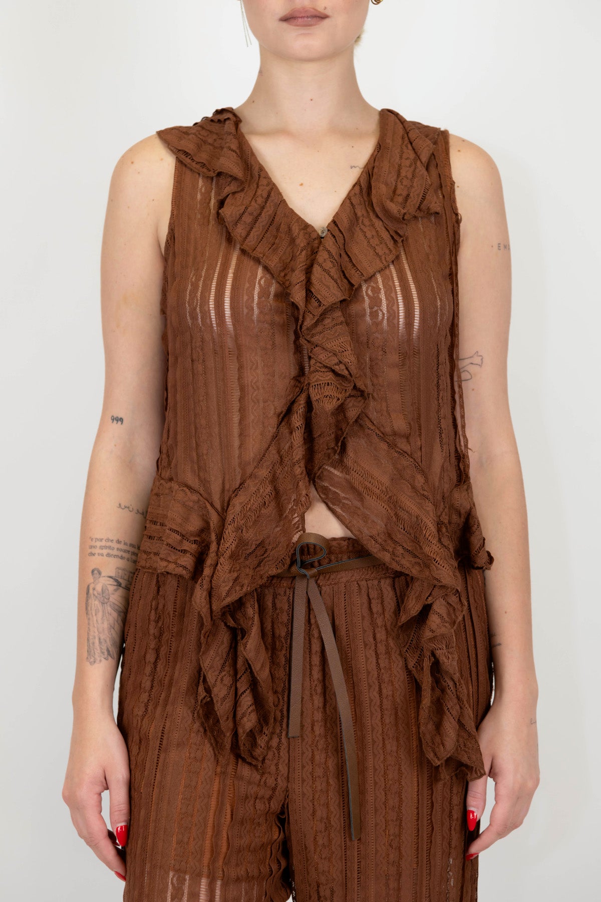 Motel - Camicia giromaniche a righe ricamate con rouches