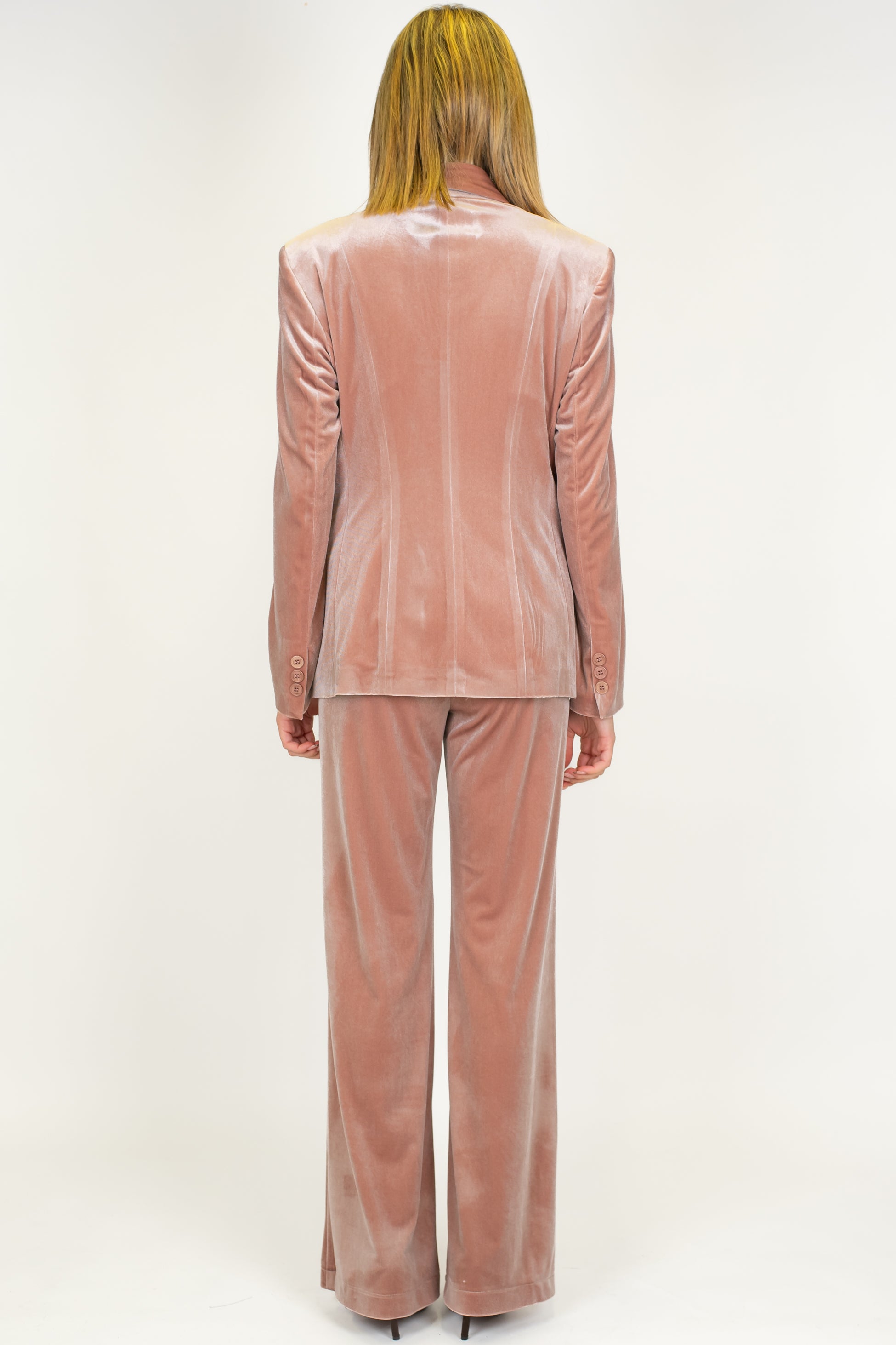 Maryley - Tailleur giacca con collo sciallato e pantalone palazzo in velluto con elastico in vita