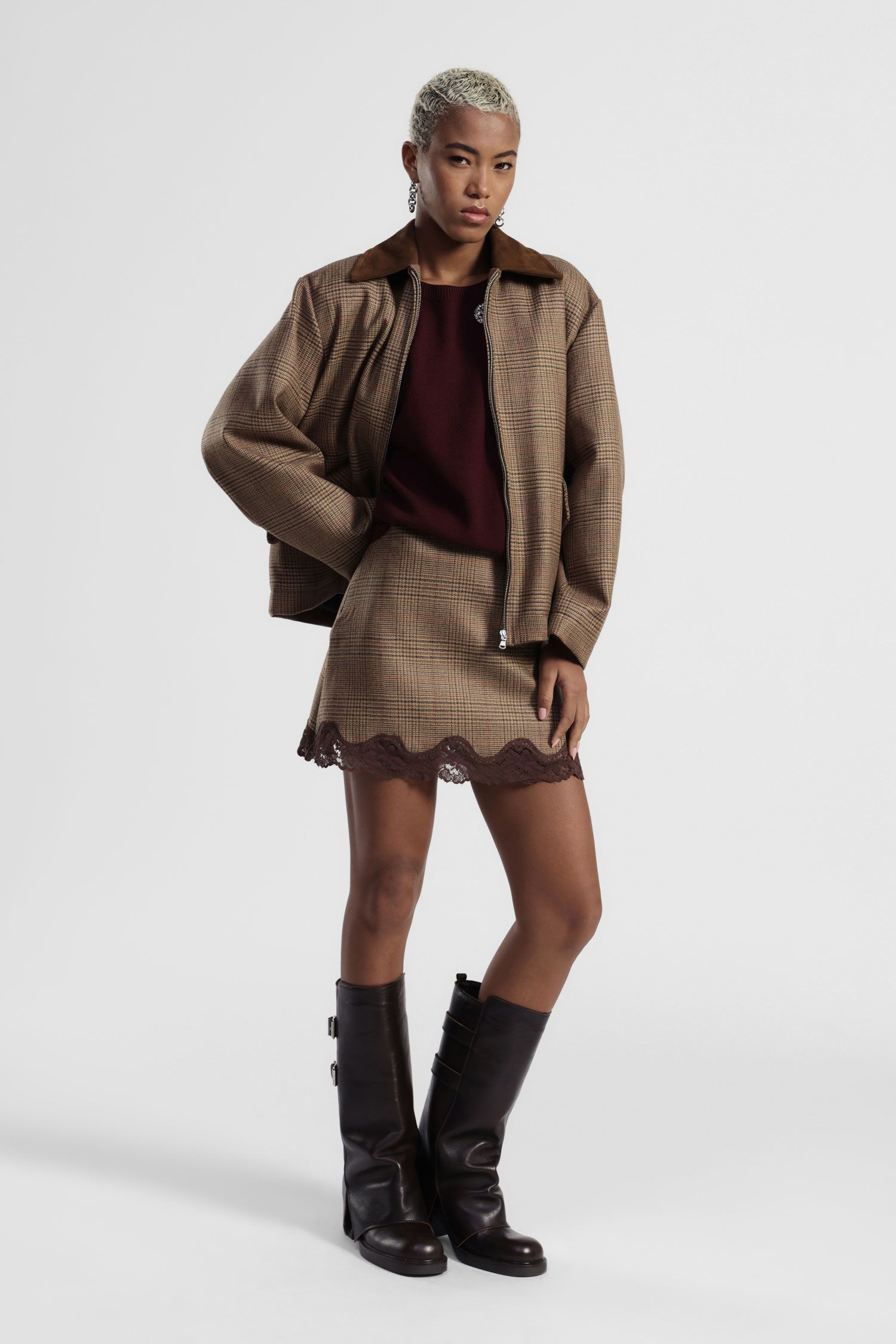 Dixie - Minigonna a vita alta fantasia principe di galles in lana con orlo in pizzo