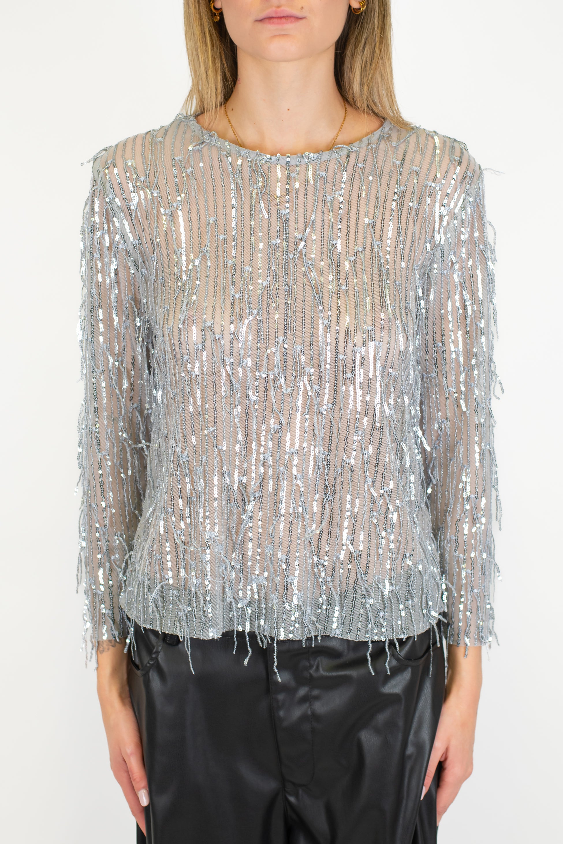 Tensione in - Blusa girocollo con frange paillettes