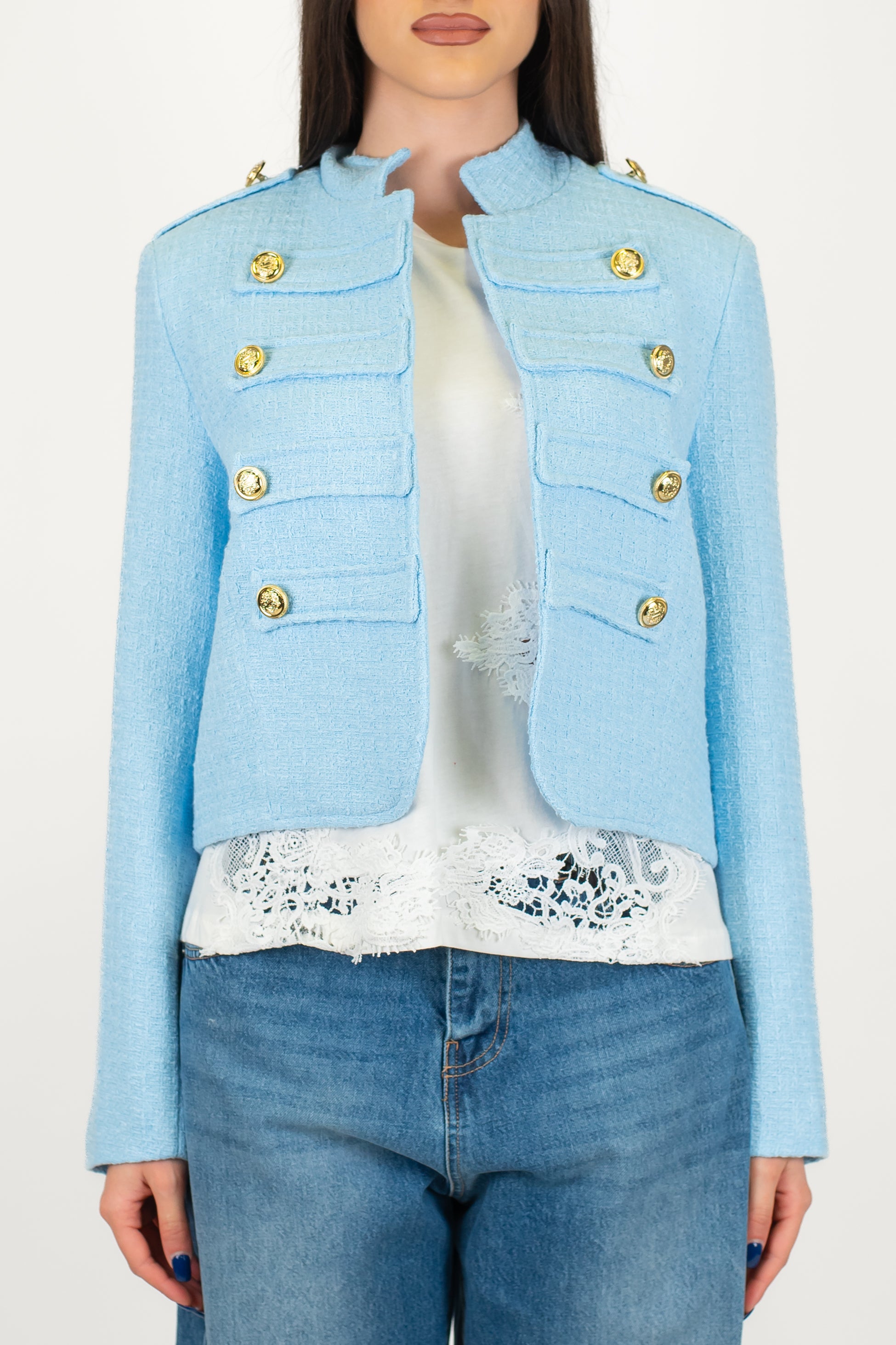 Motel - Giacca crop aperta in tweed modello napoleone con collo coreano