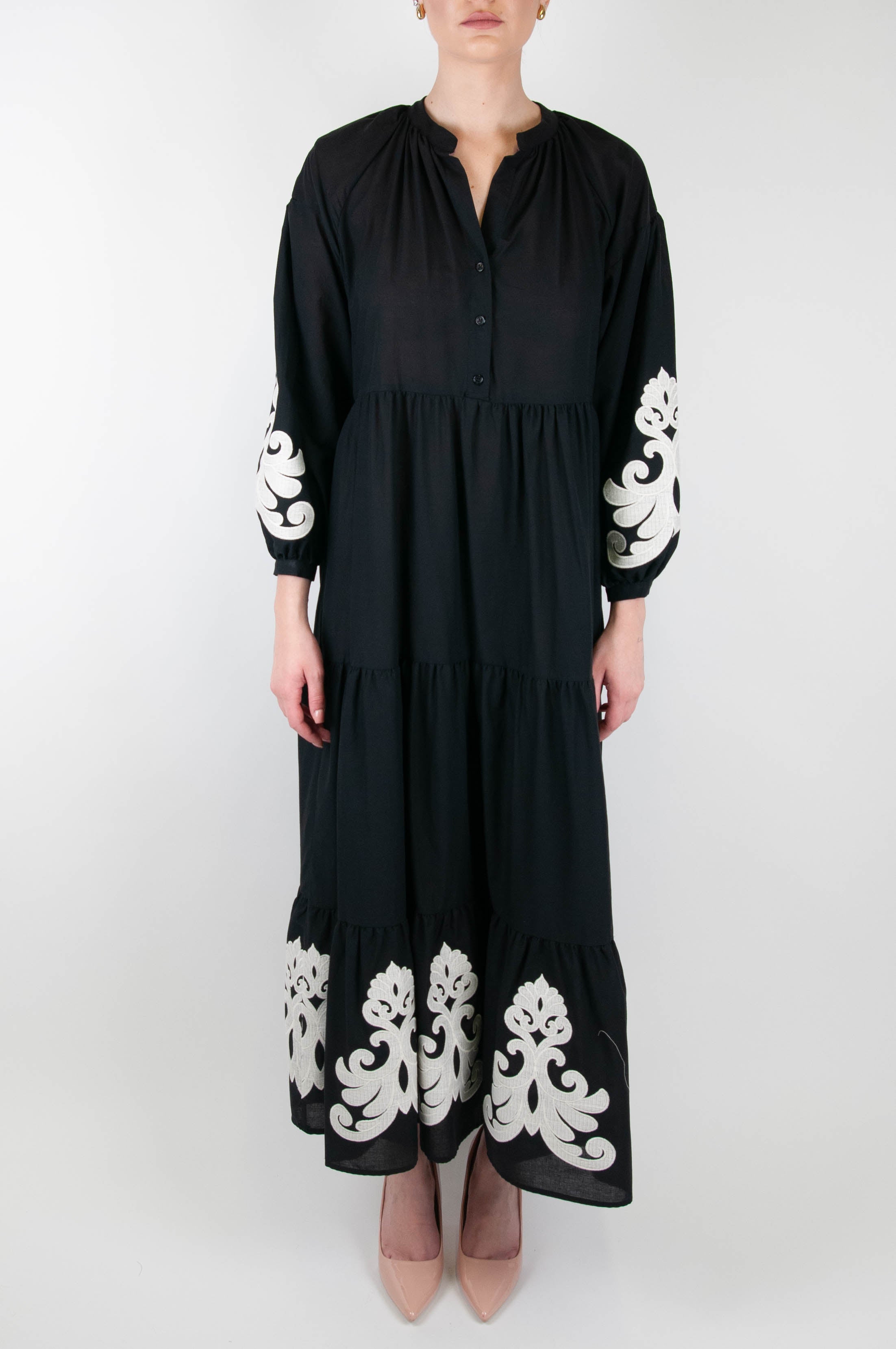 Dixie - Long dress with embroidery and flounces in cotton muslin