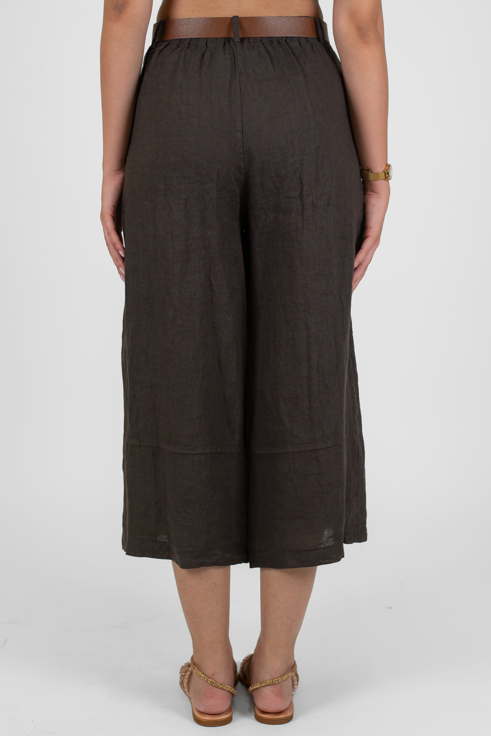 Haveone - Pantalone crop a gamba ampia in puro lino con elastico sul retro