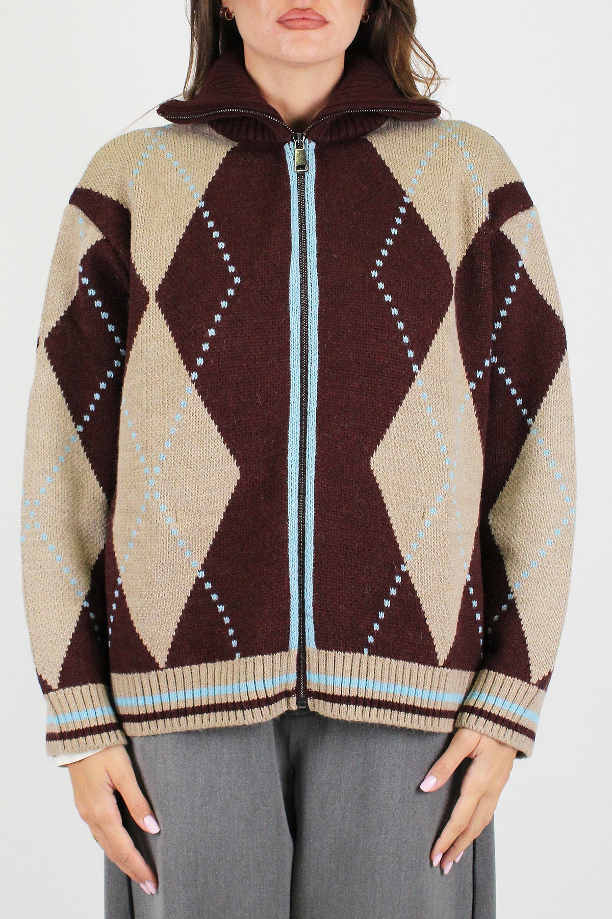Motel - Cardigan fantasia rombi in misto lana con chiusura zip e profilo a contrasto