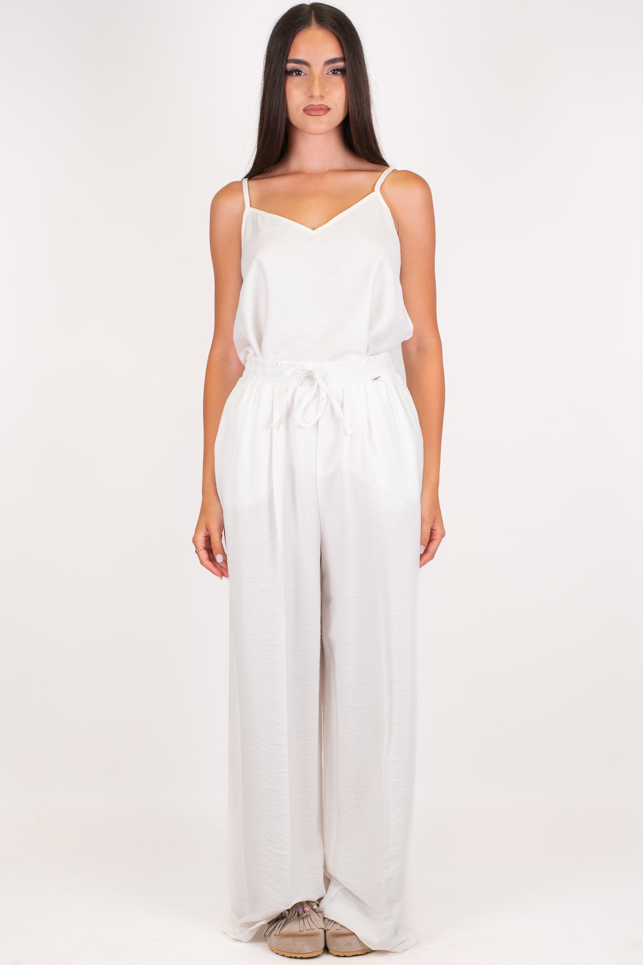 Dixie - Coordinato in viscosa leggera con top assimmetrico e pantalone palazzo con coulisse