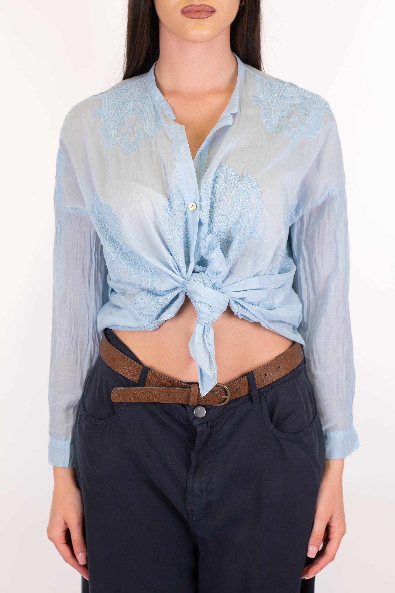 Motel - Camicia in mussola di cotone e seta con ricami tono su tono