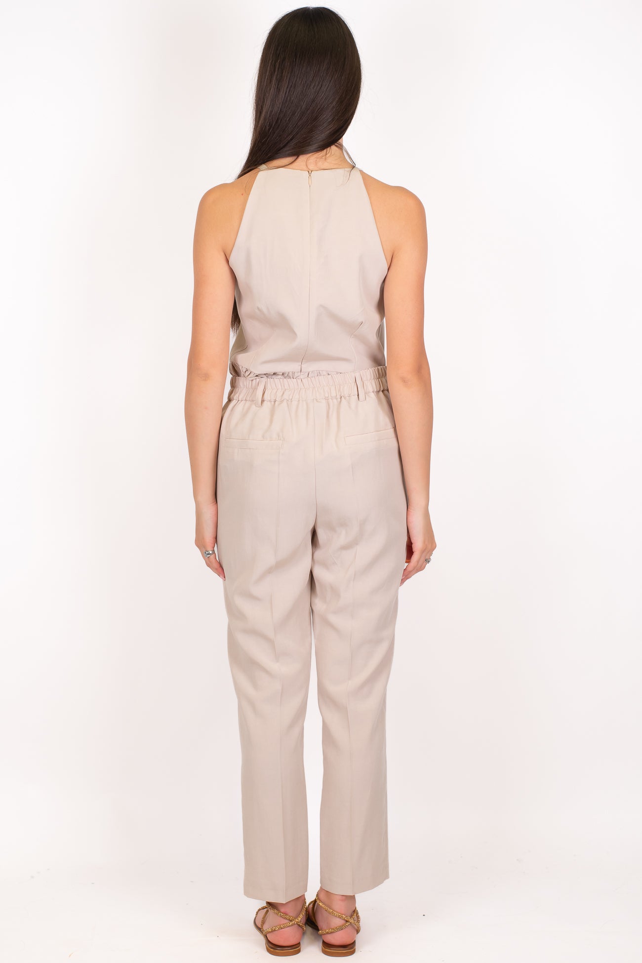 Motel - Coordinato in misto tencell e lino con top volant e pantalone slim con elastico sul retro