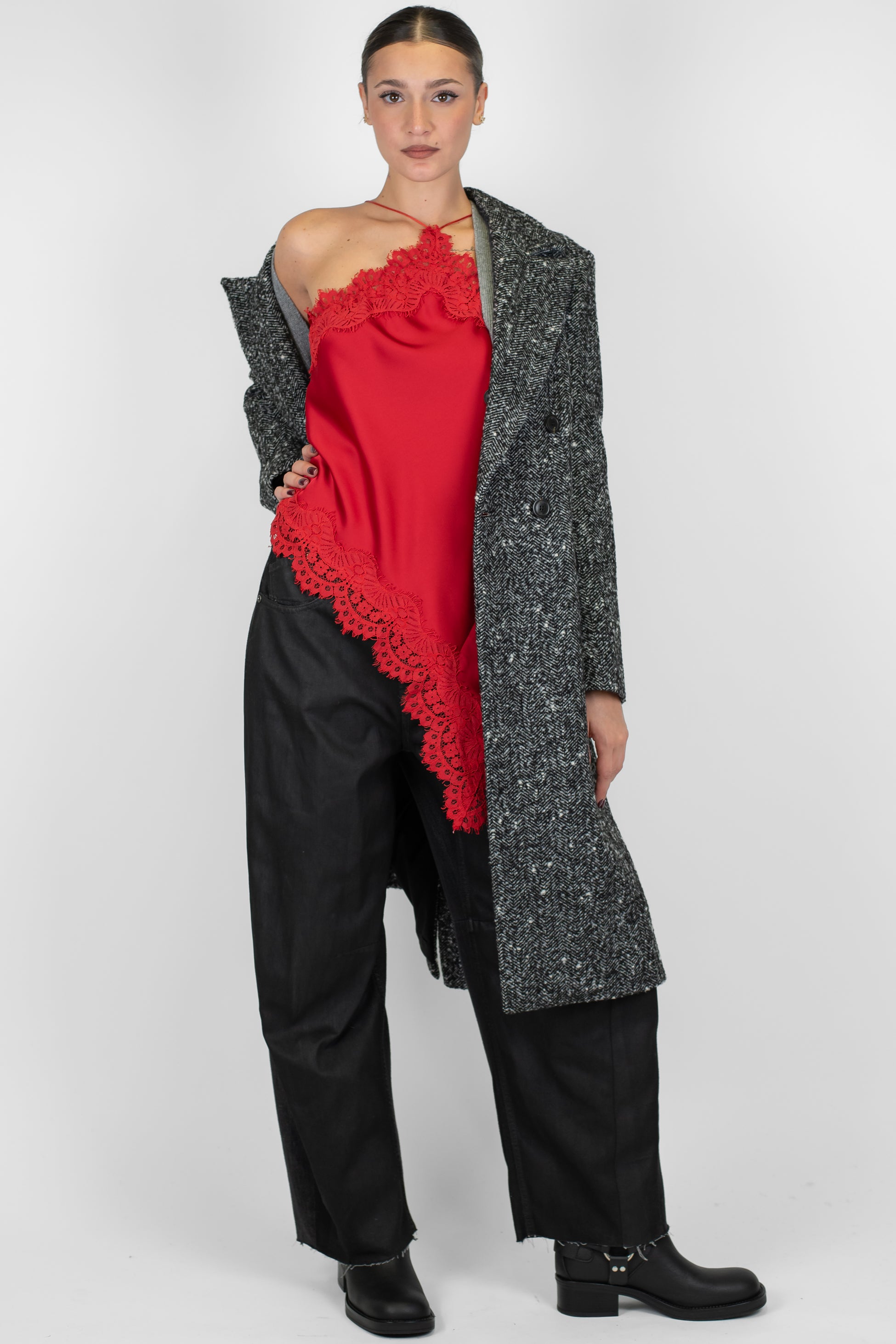 Maryley - Cappotto doppiopetto fantasia spigata in misto lana