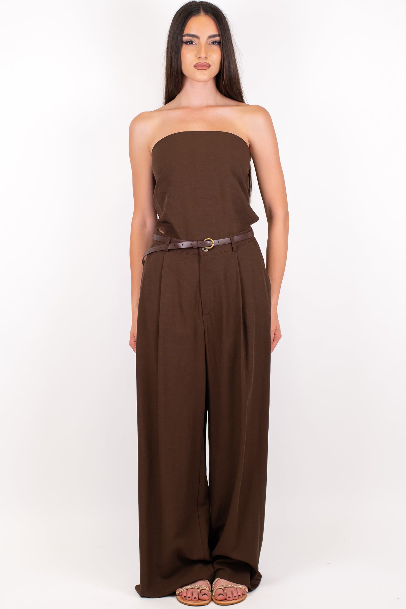 Haveone - Coordinato in misto lino con top a fascia allaccio sul retro e pantalone palazzo con pinces ed elastico sul retro