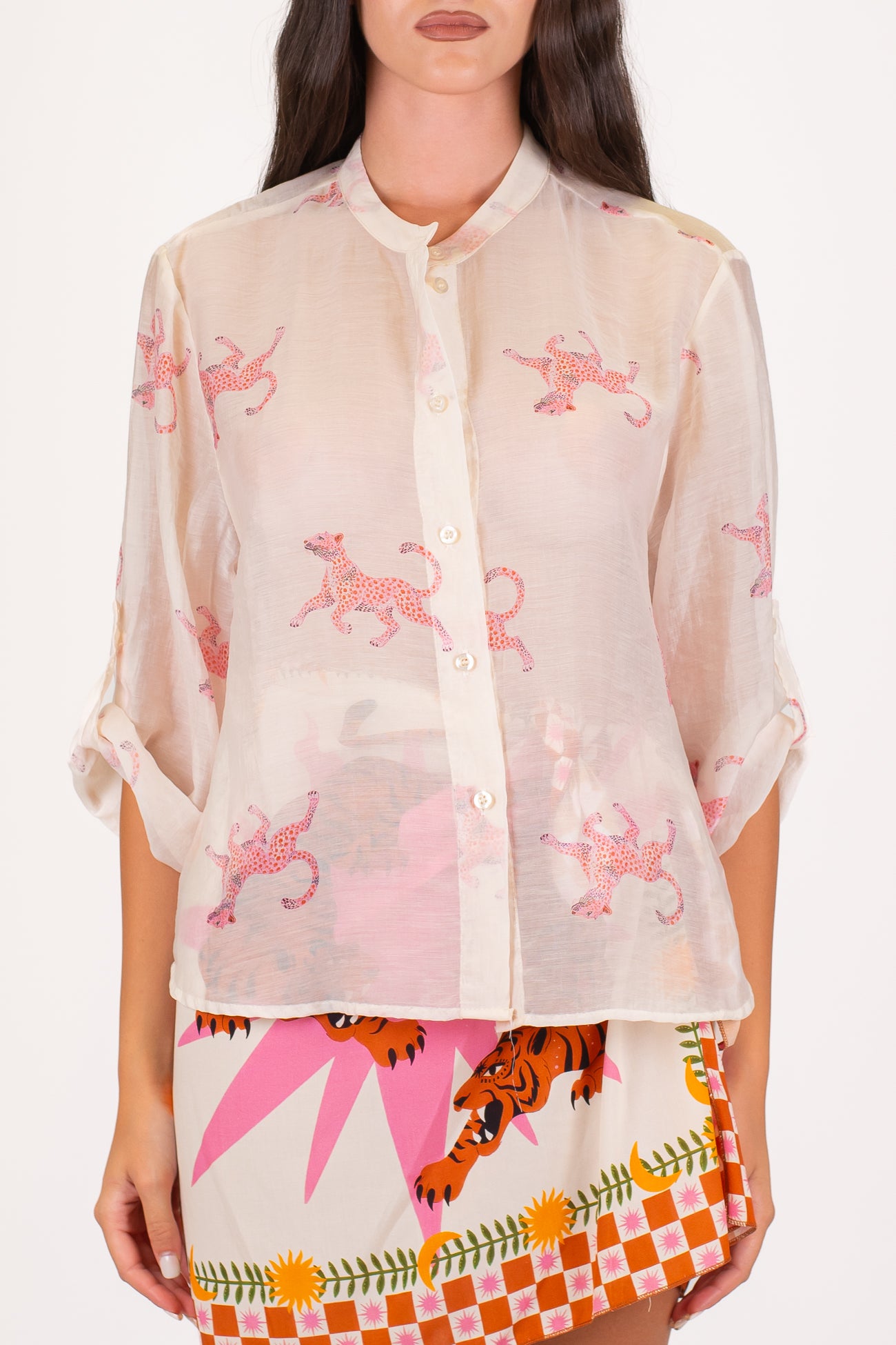 Haveone - Camicia fantasia leopardi in lyocell con collo coreano
