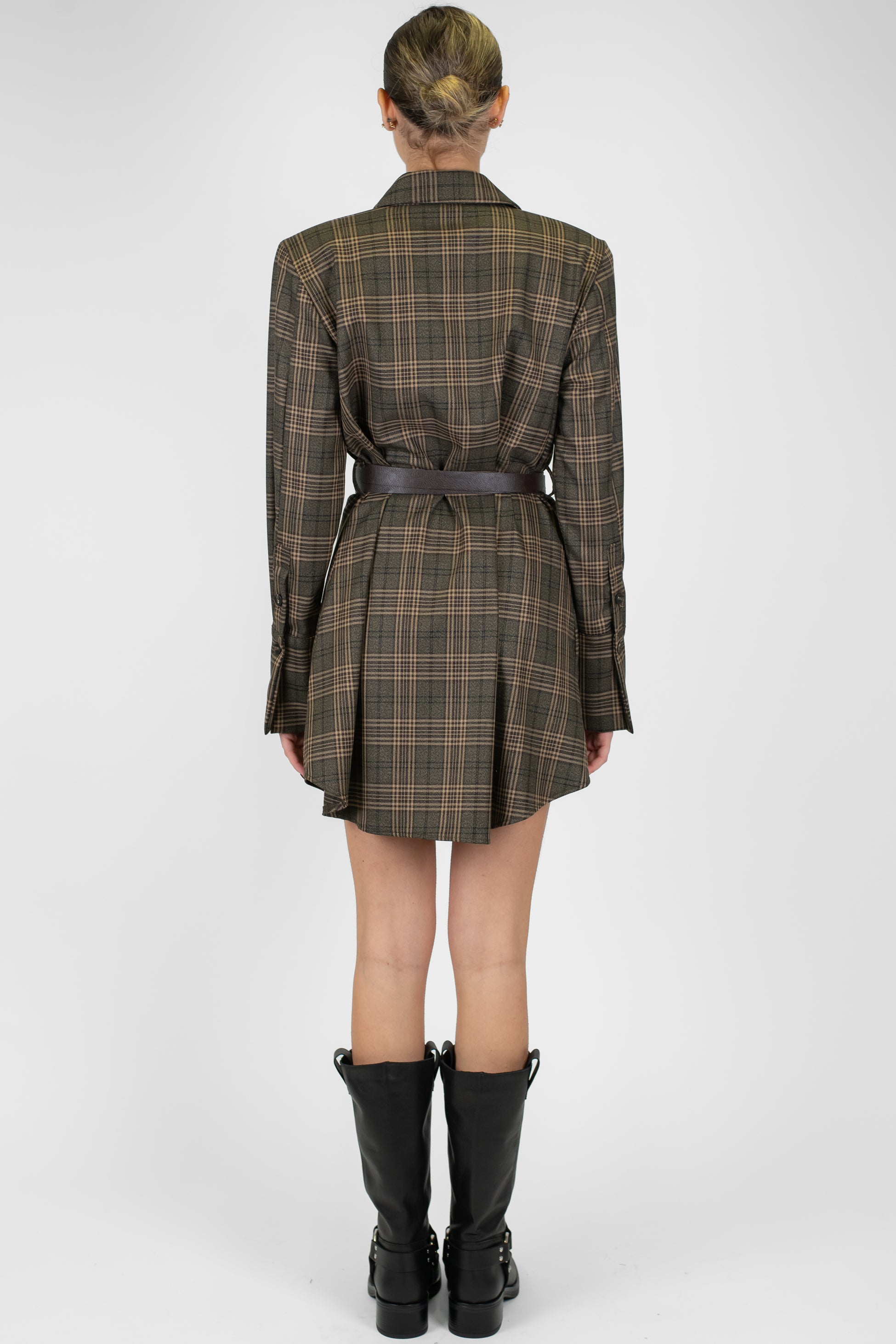 Motel - Abito corto fantasia check con chiusura bottoni e cinturone in vita