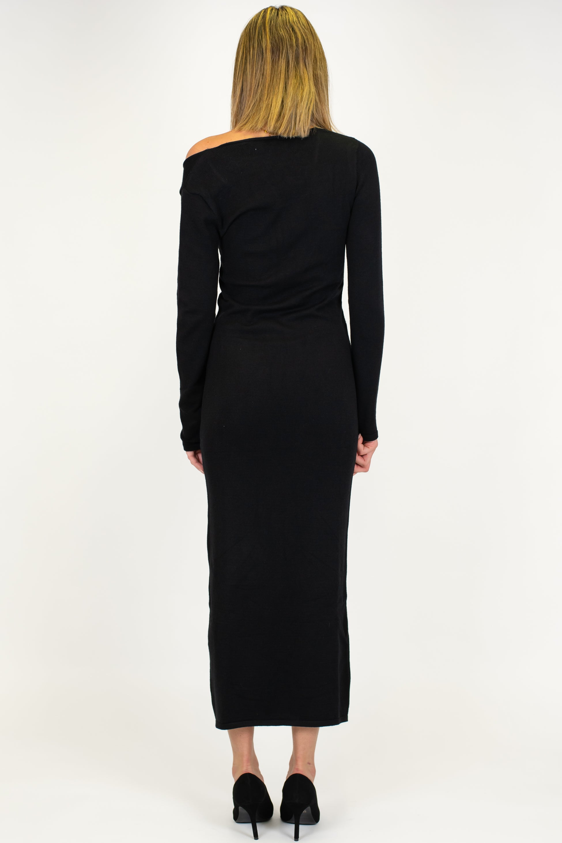 Haveone - Abito lungo in maglia monospalla con inserti in pizzo laterali