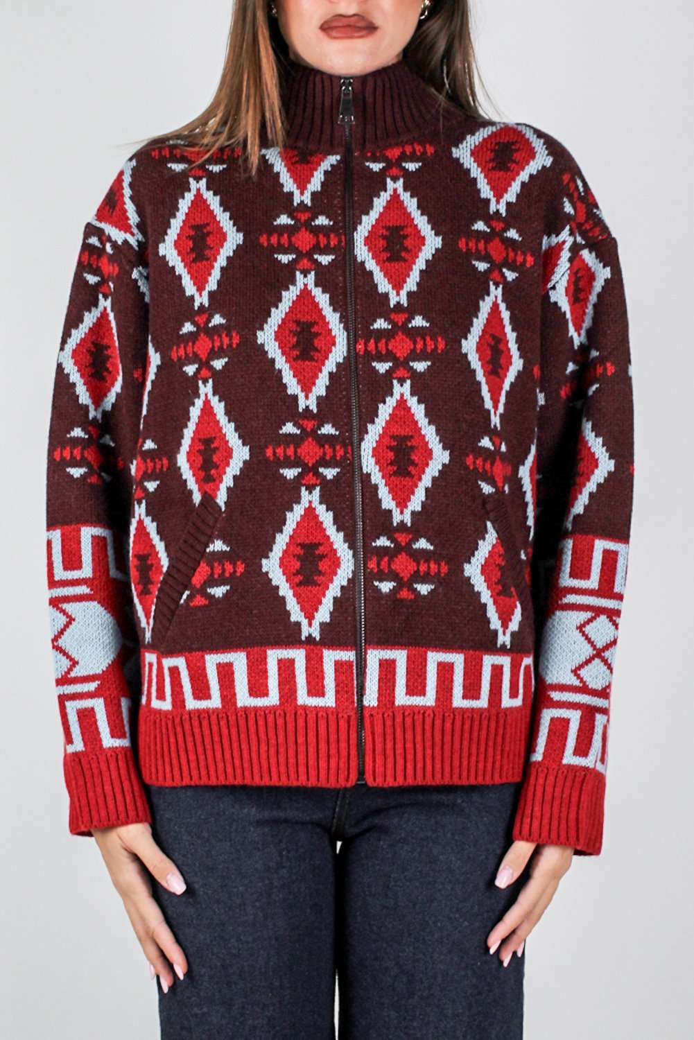 Tensione in - Cardigan fantasia etnica in misto lana con collo alto e chiusurza zip