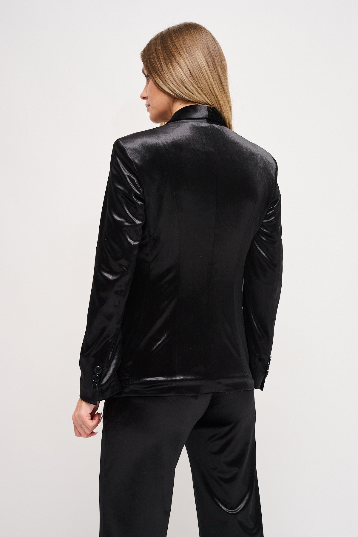 Maryley - Tailleur giacca con collo sciallato e pantalone palazzo in velluto con elastico in vita