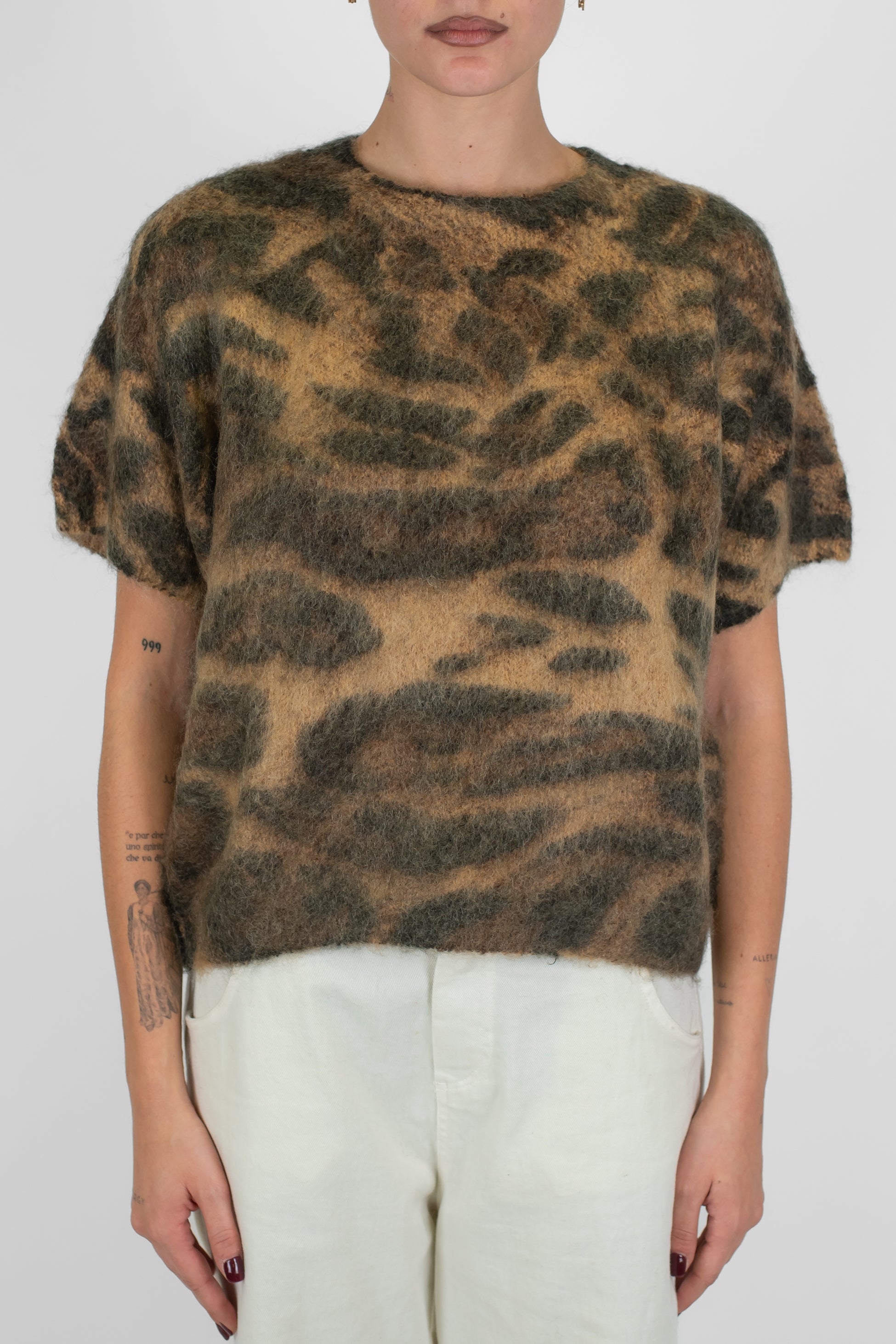 Tensione in - Maglia mezzamanica fantasia animalier maculata in misto lana mohair