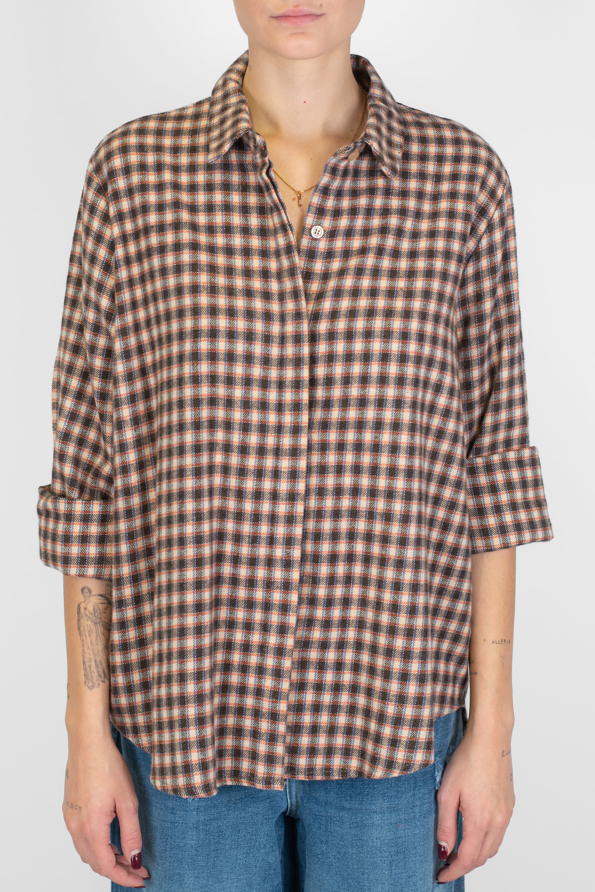 Haveone - Camicia fantasia quadretti con asimmetria fronte-retro
