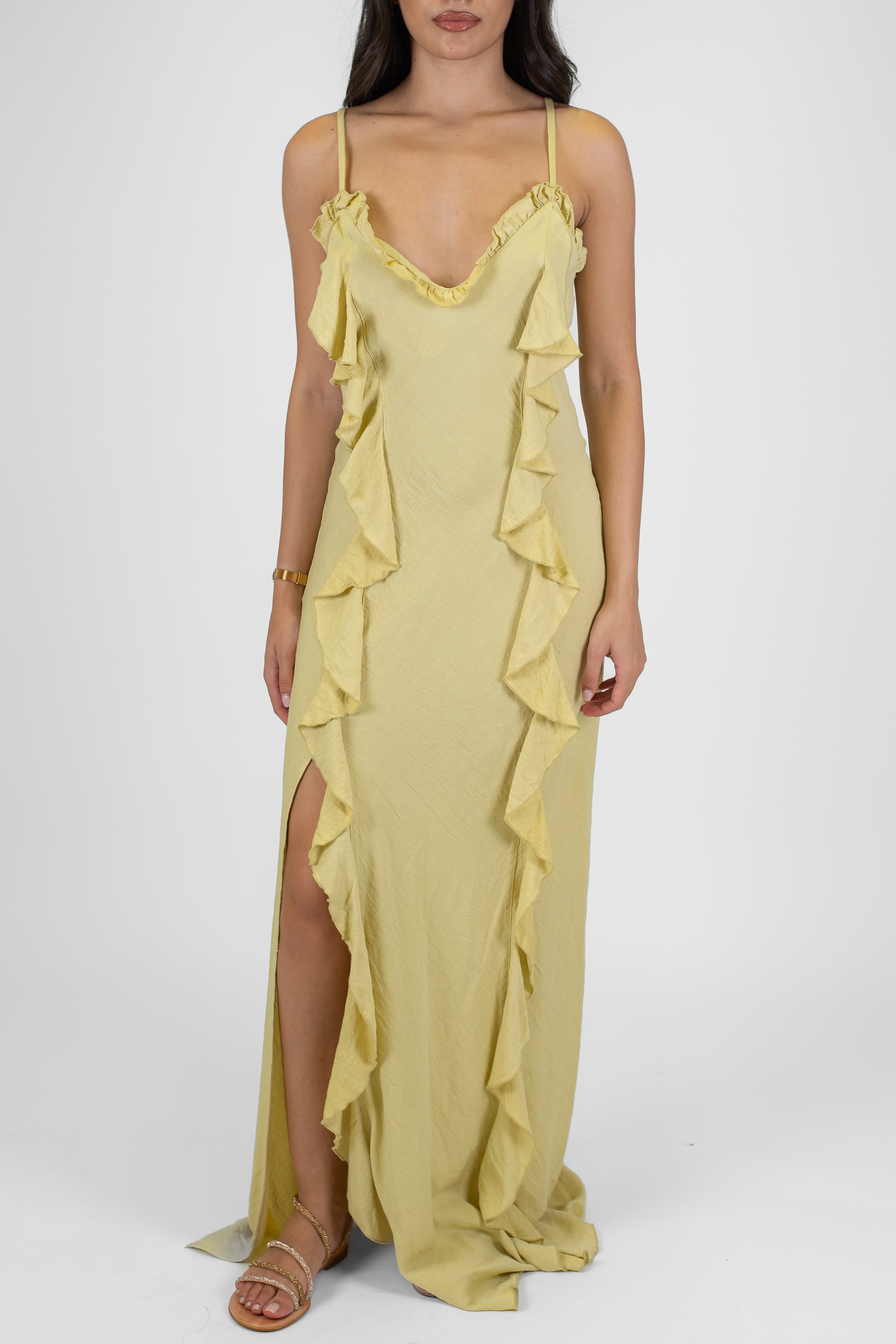 Tensione in - Abito lungo scollo a cuore e rouches in viscosa con spacco laterale