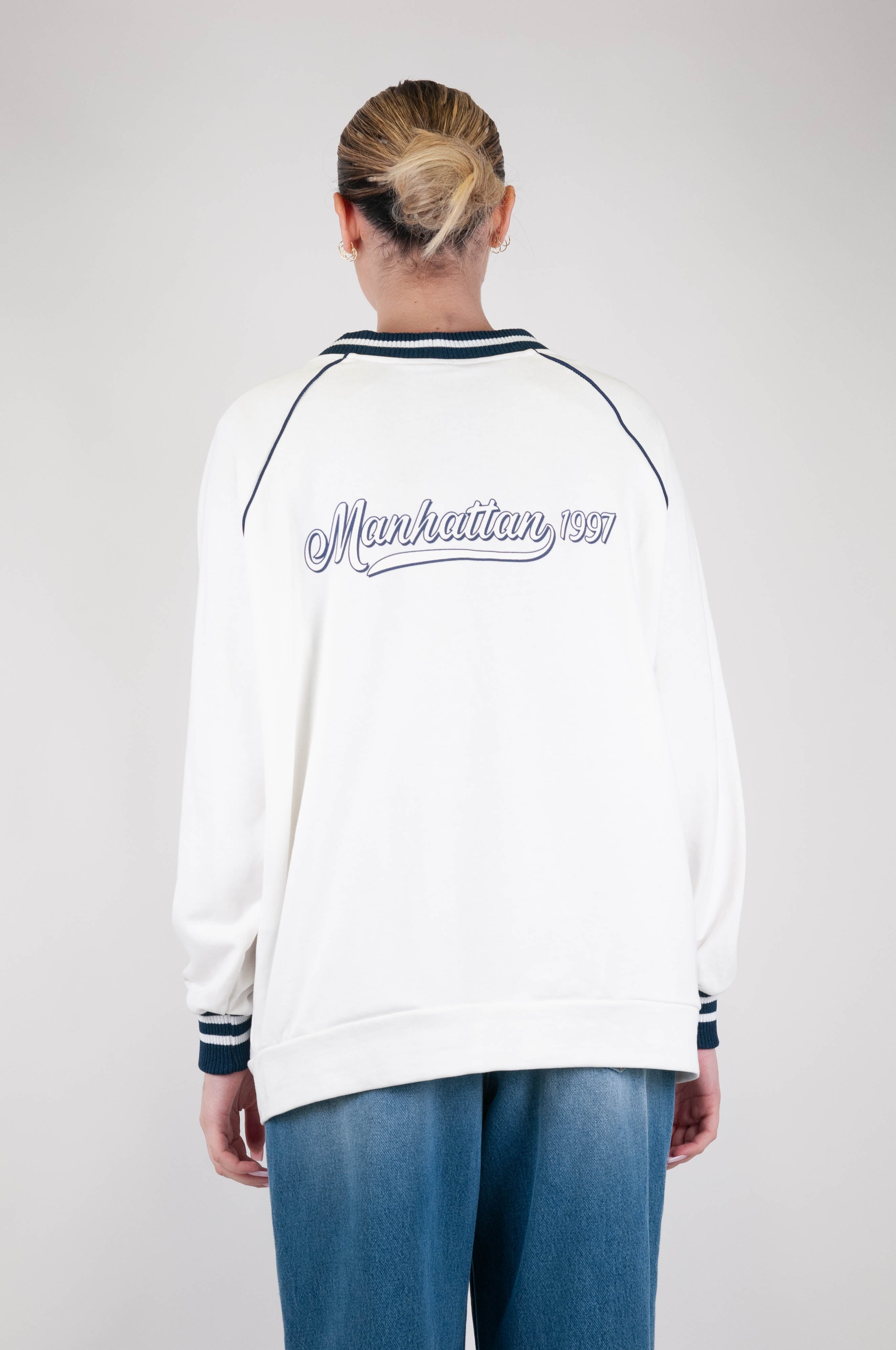 Motel - Fleece bomber cardigan with writing on the back