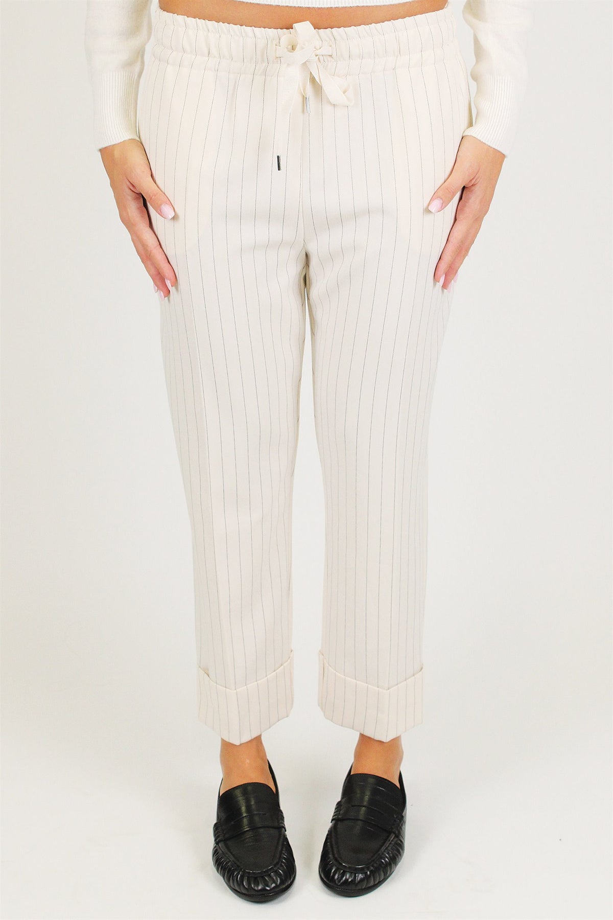 Maryley - Pantalone regular gessato con coulisse e risvolto sul fondo