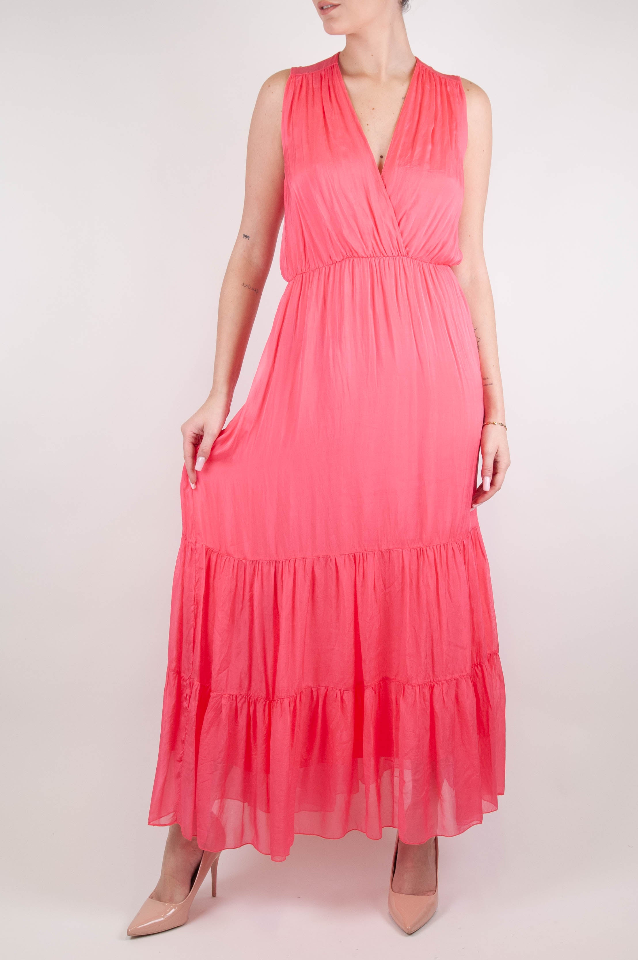 Haveone - Long sleeveless dress in silk blend with V-neck and flounces