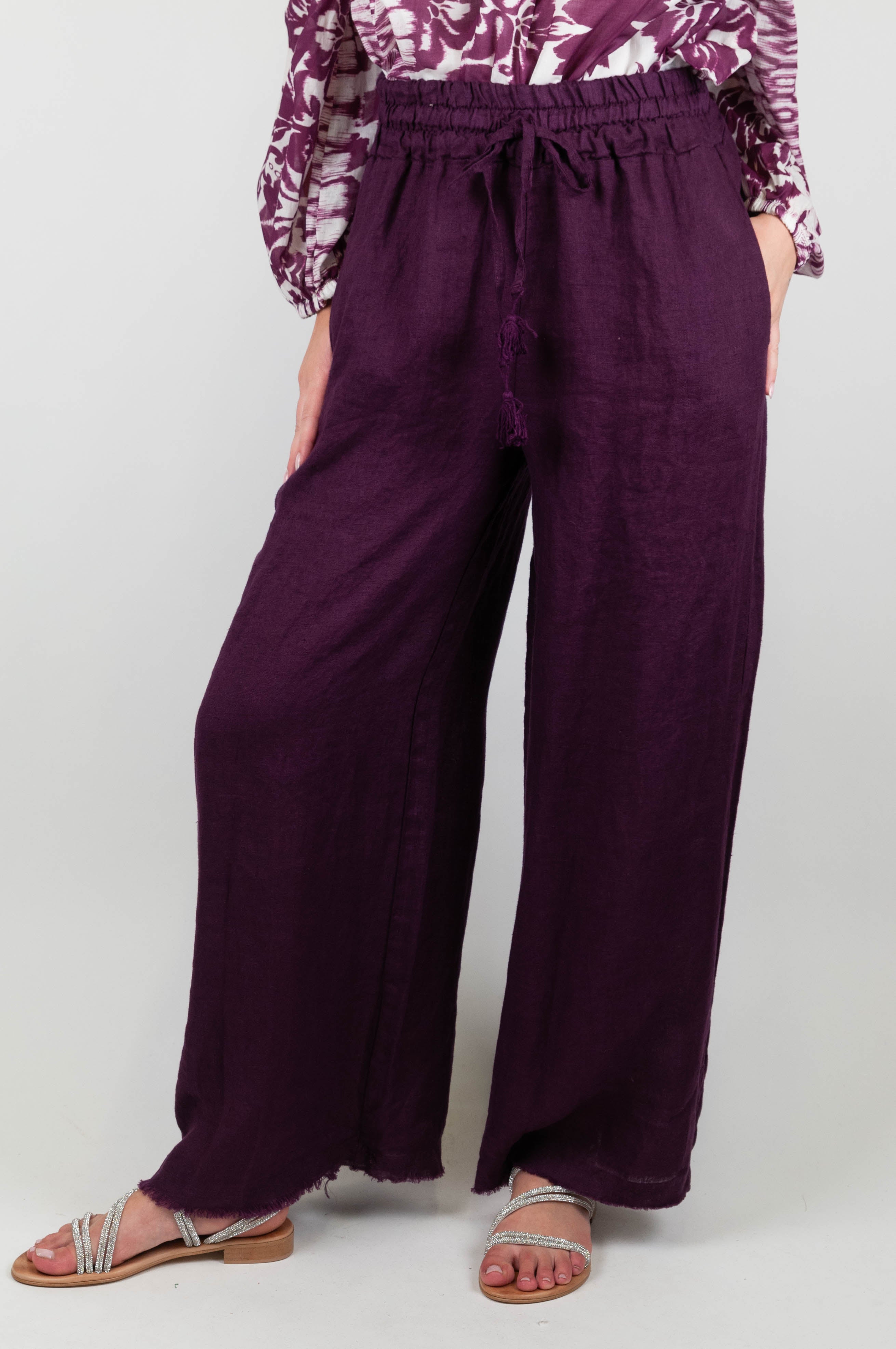 Tensione in - Pantalone palazzo in puro lino con coulisse