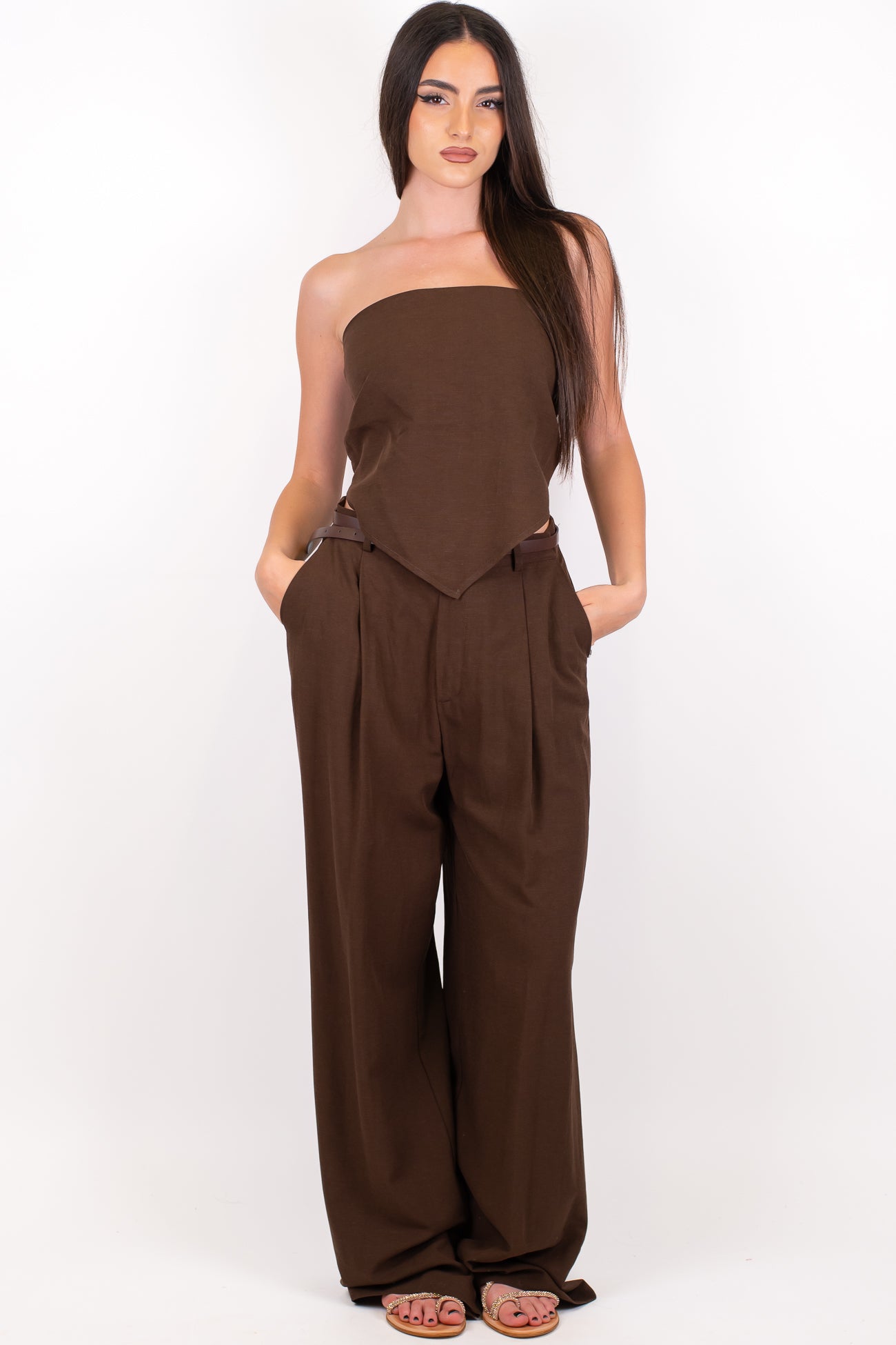 Haveone - Coordinato in misto lino con top a fascia allaccio sul retro e pantalone palazzo con pinces ed elastico sul retro