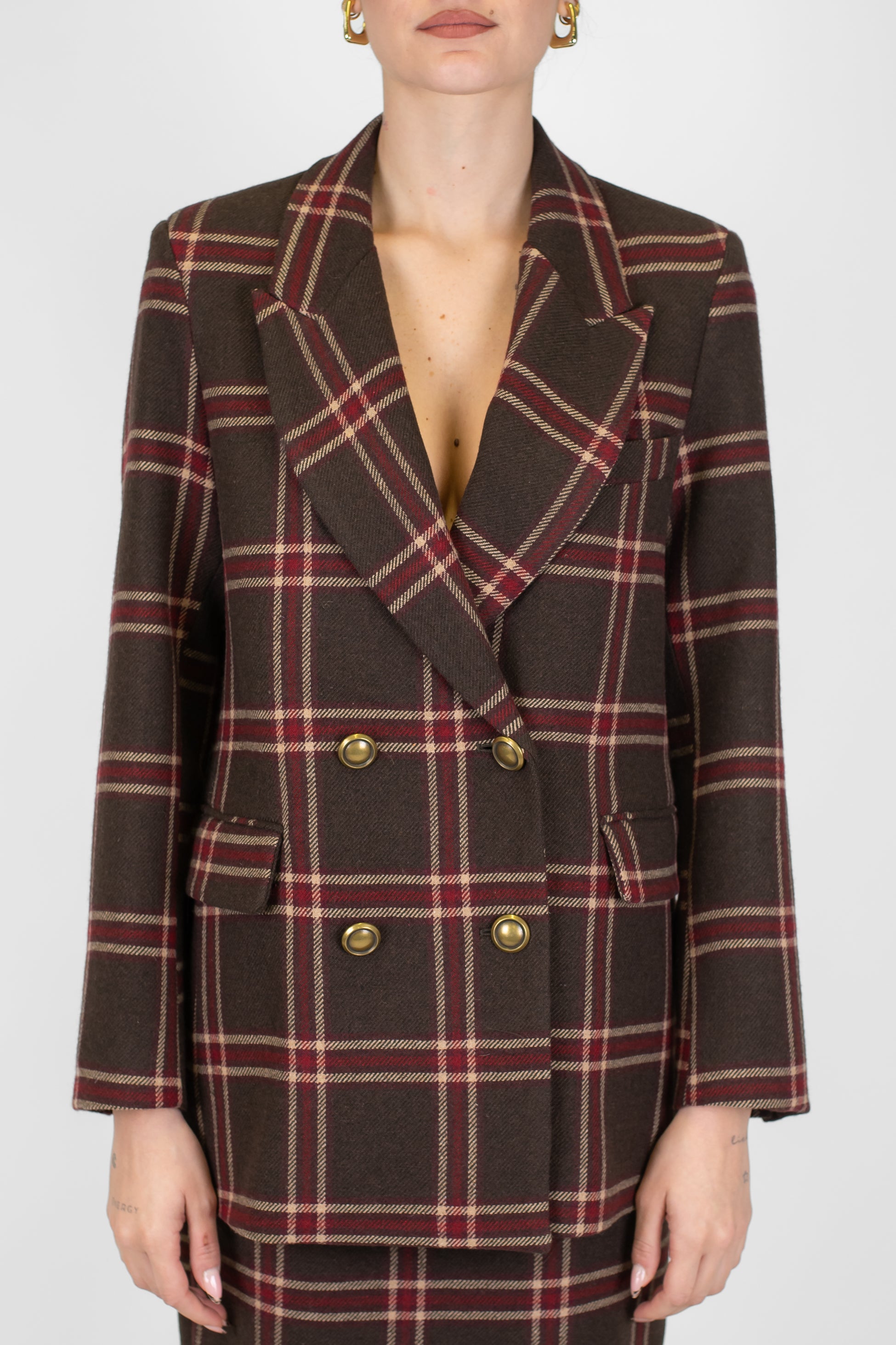 Tensione in - Giacca doppiopetto fantasia check in misto lana con spalline