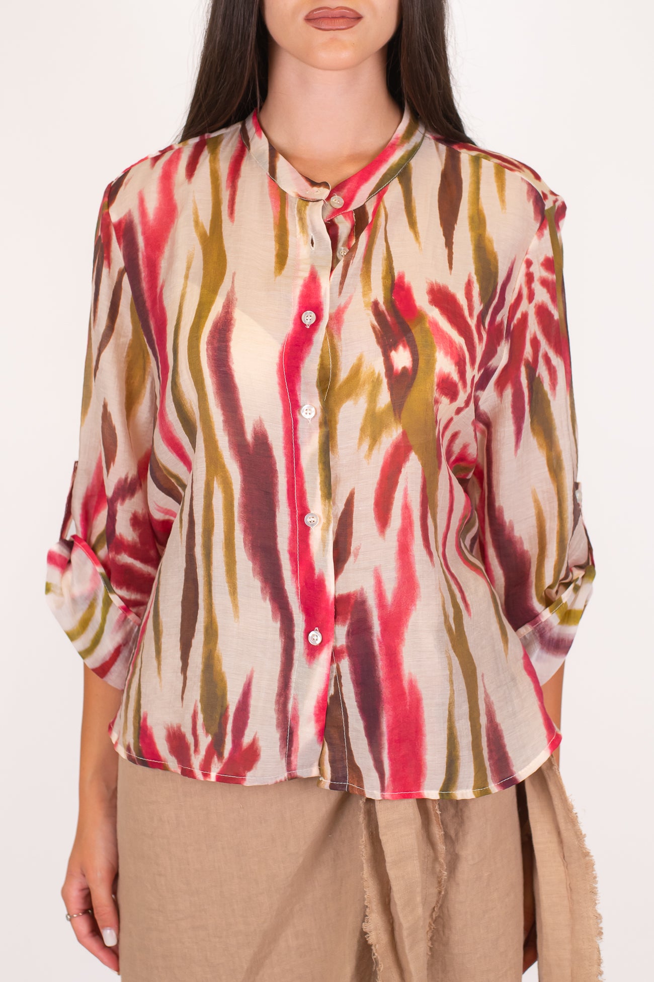 Haveone - Camicia fantasia astratta in lyocell con manica tre quarti e collo coreano